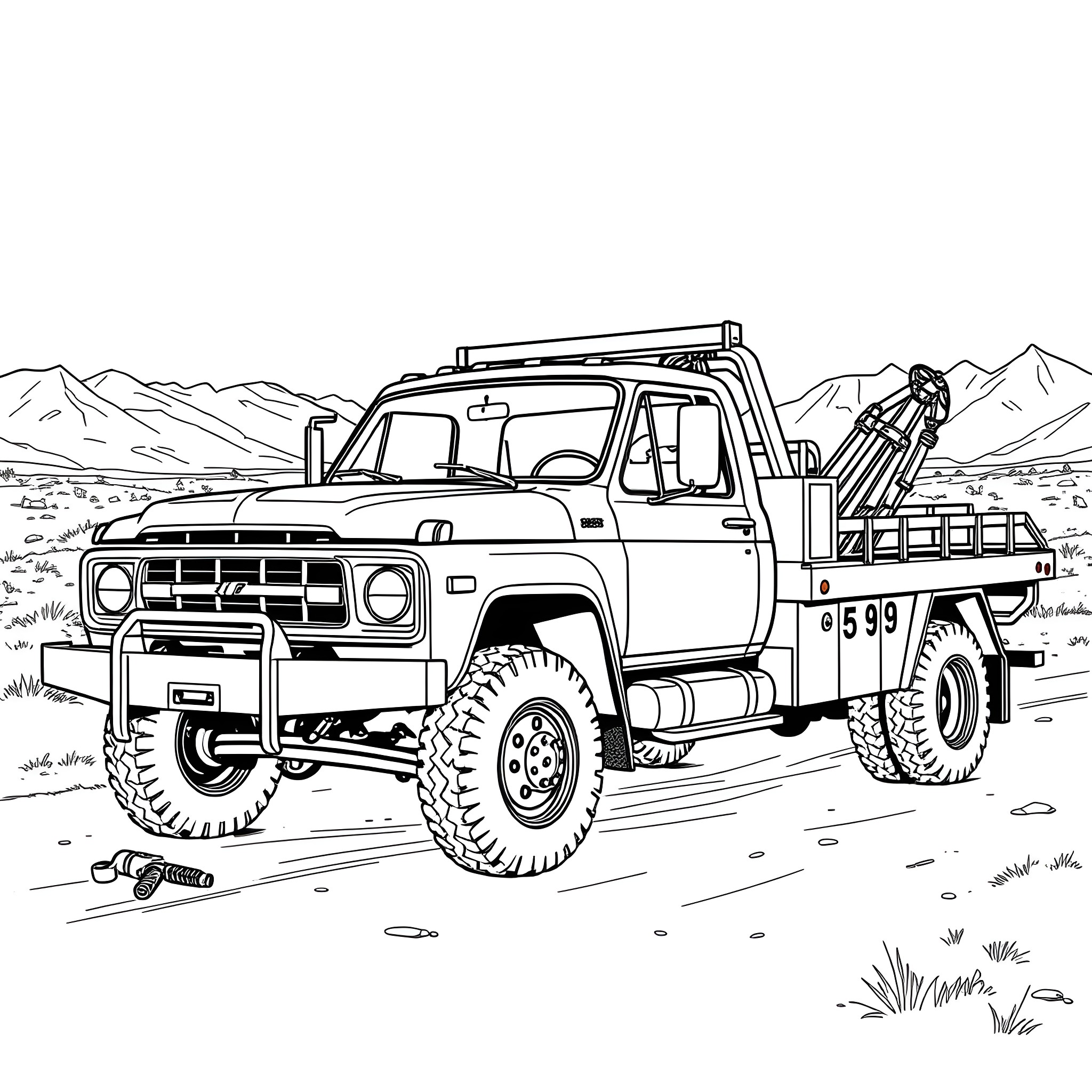 Wrecker Truck Navigating Rugged Terrain Coloring Page (free black-and-white line drawing printable PDF for all, from beginners to advanced learners, including children, teens, adults, and seniors)