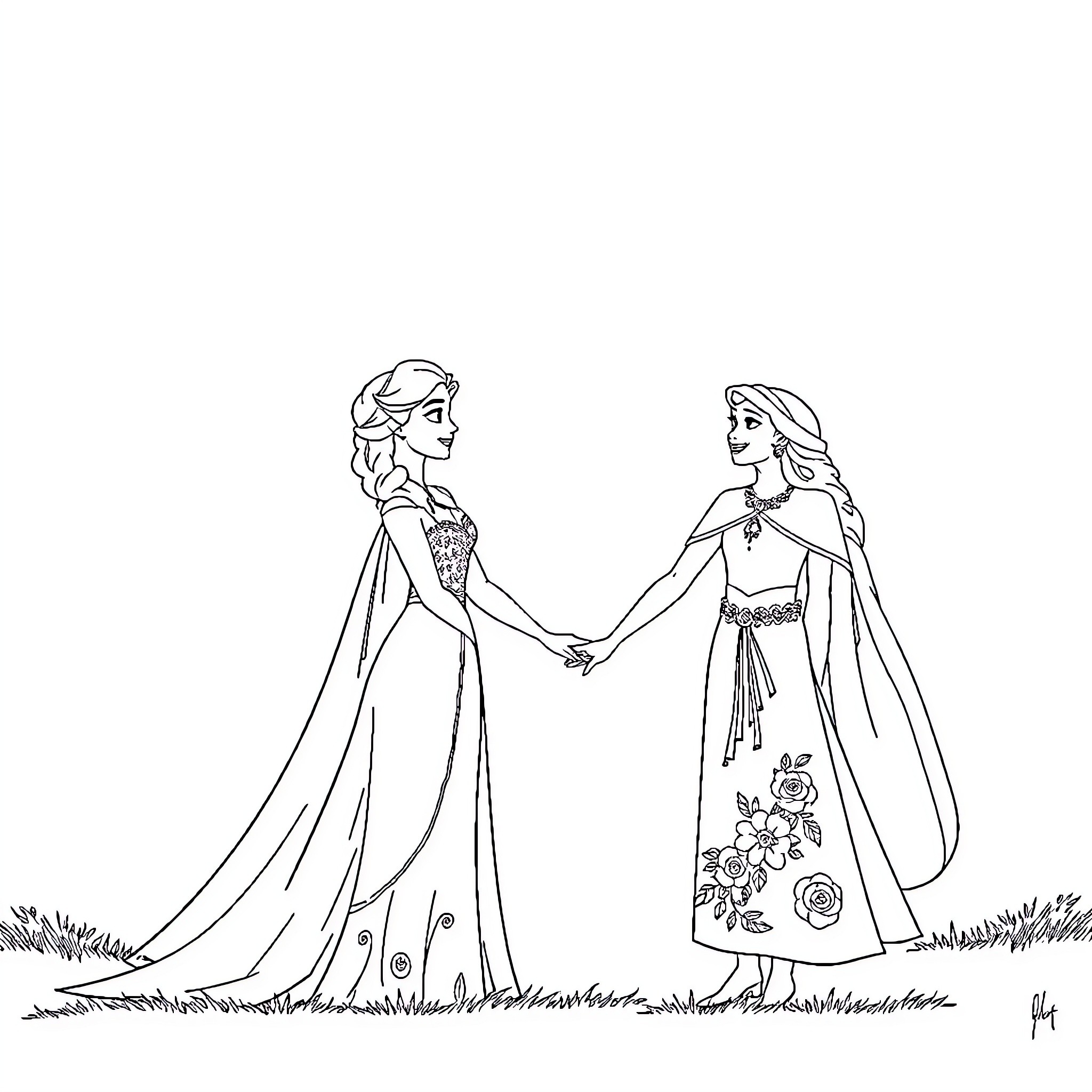 Elsa and Anna in beautiful gowns holding hands Coloring Page (free black-and-white line drawing printable PDF for all, from beginners to advanced learners, including children, teens, adults, and seniors)