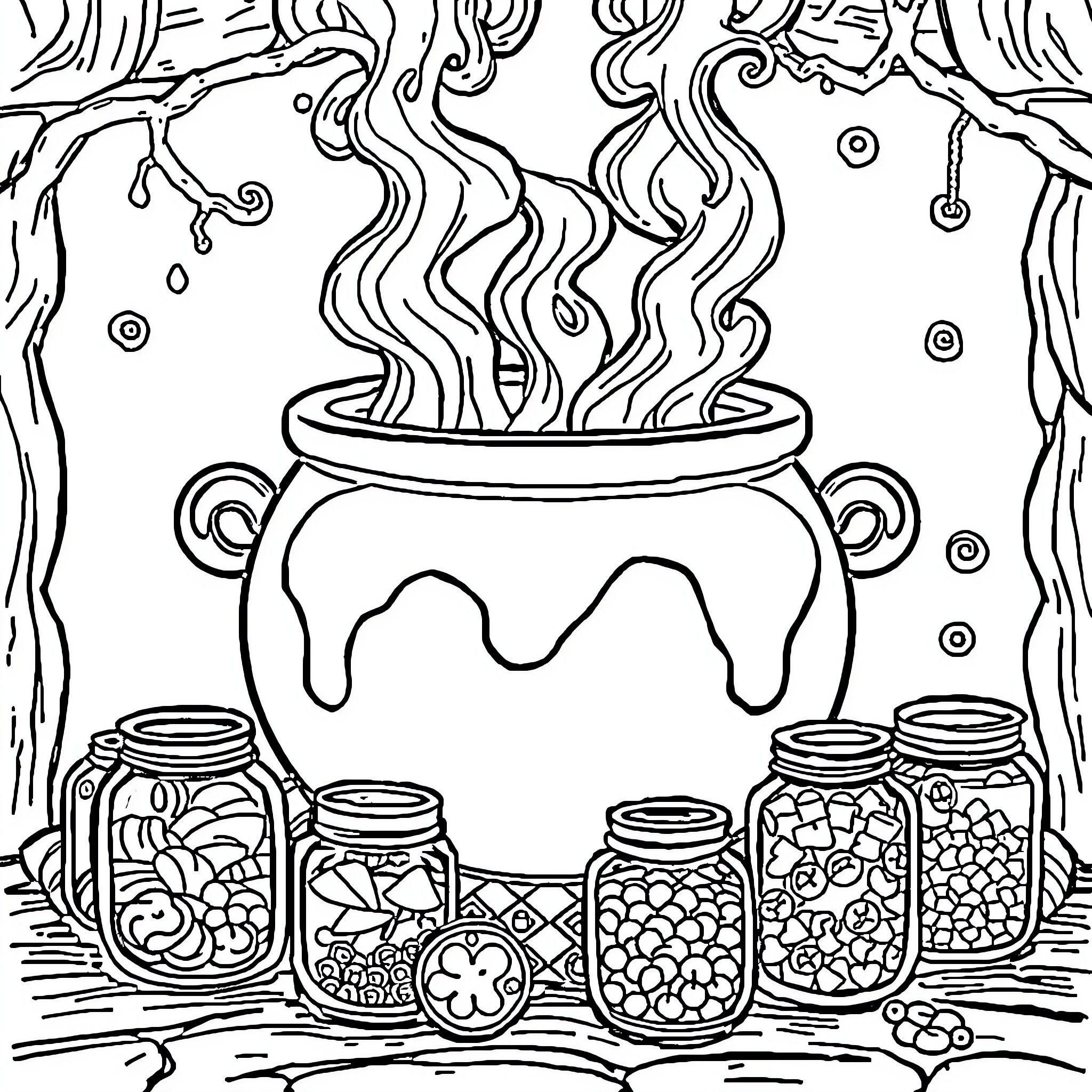 Cauldron of magical ingredients and potions Coloring Page (free black-and-white line drawing printable PDF for all, from beginners to advanced learners, including children, teens, adults, and seniors)