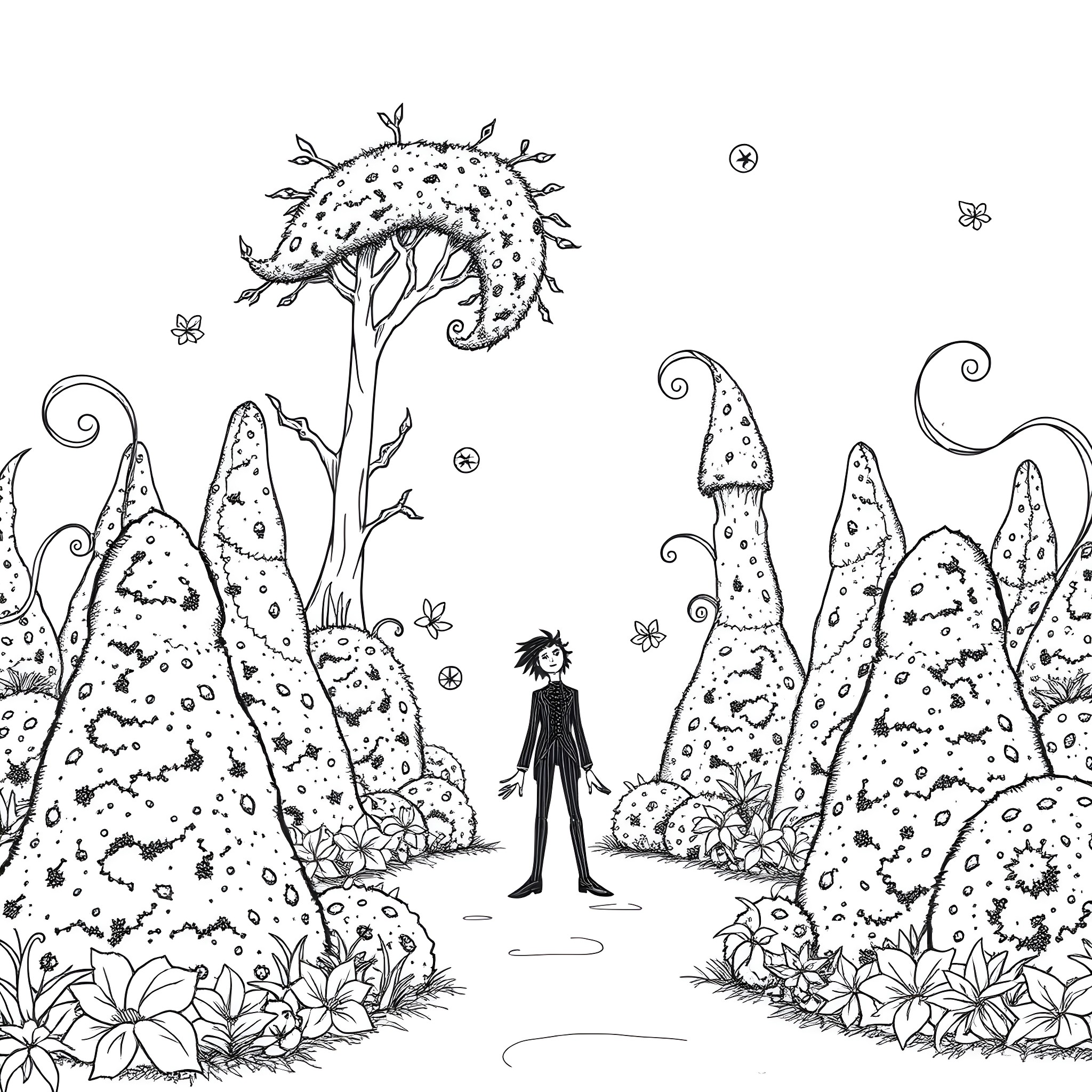 Edward Scissorhands explores a whimsical, fantastical landscape Coloring Page (free black-and-white line drawing printable PDF for all, from beginners to advanced learners, including children, teens, adults, and seniors)