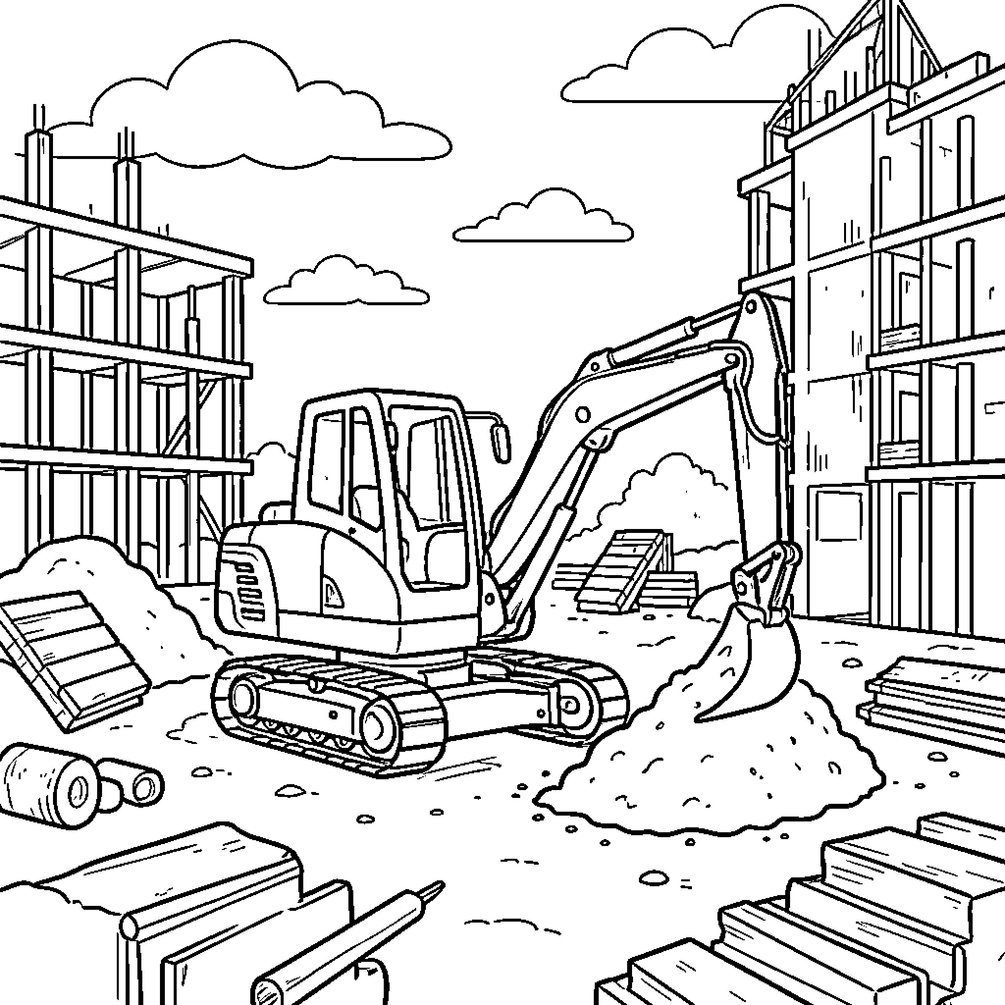 Mini Excavator working at a busy construction site Coloring Page (free black-and-white line drawing printable PDF for all, from beginners to advanced learners, including children, teens, adults, and seniors)