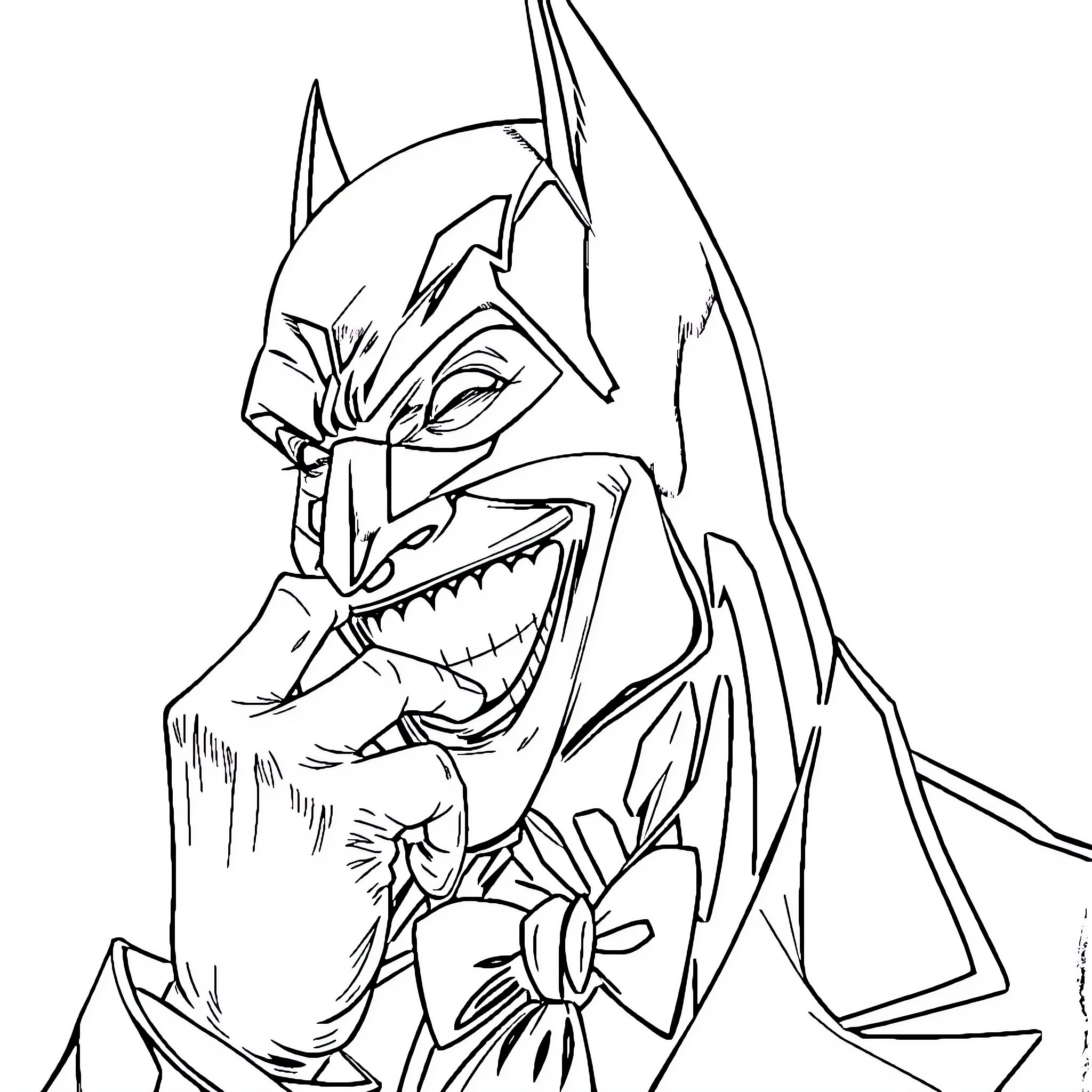 Joker's Sinister Grin and Villainous Pose Coloring Page (free black-and-white line drawing printable PDF for all, from beginners to advanced learners, including children, teens, adults, and seniors)