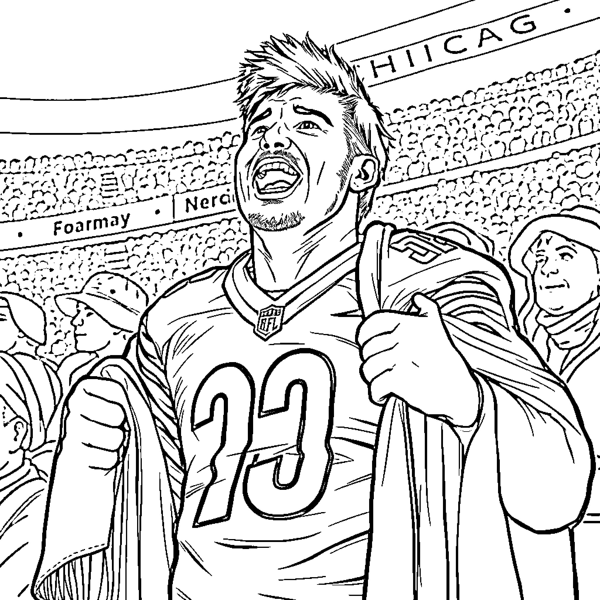 Fan Cheering Passionately at the Football Game Coloring Page (free black-and-white line drawing printable PDF for all, from beginners to advanced learners, including children, teens, adults, and seniors)