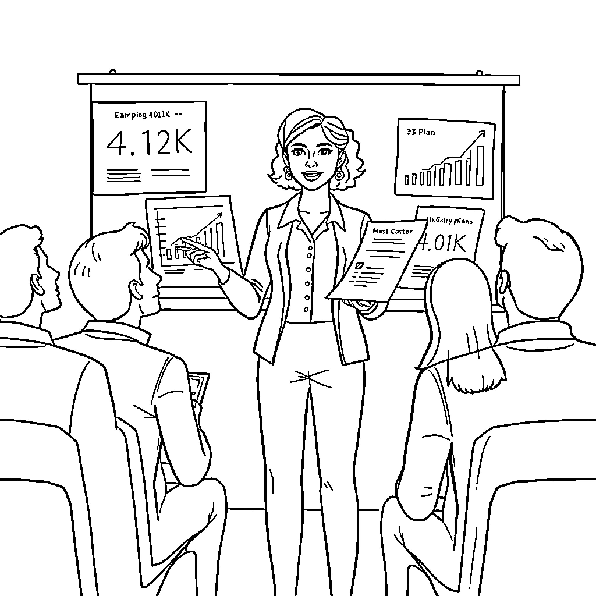 Financial Planner Presenting Financial Analysis to Audience Coloring Page (free black-and-white line drawing printable PDF for all, from beginners to advanced learners, including children, teens, adults, and seniors)