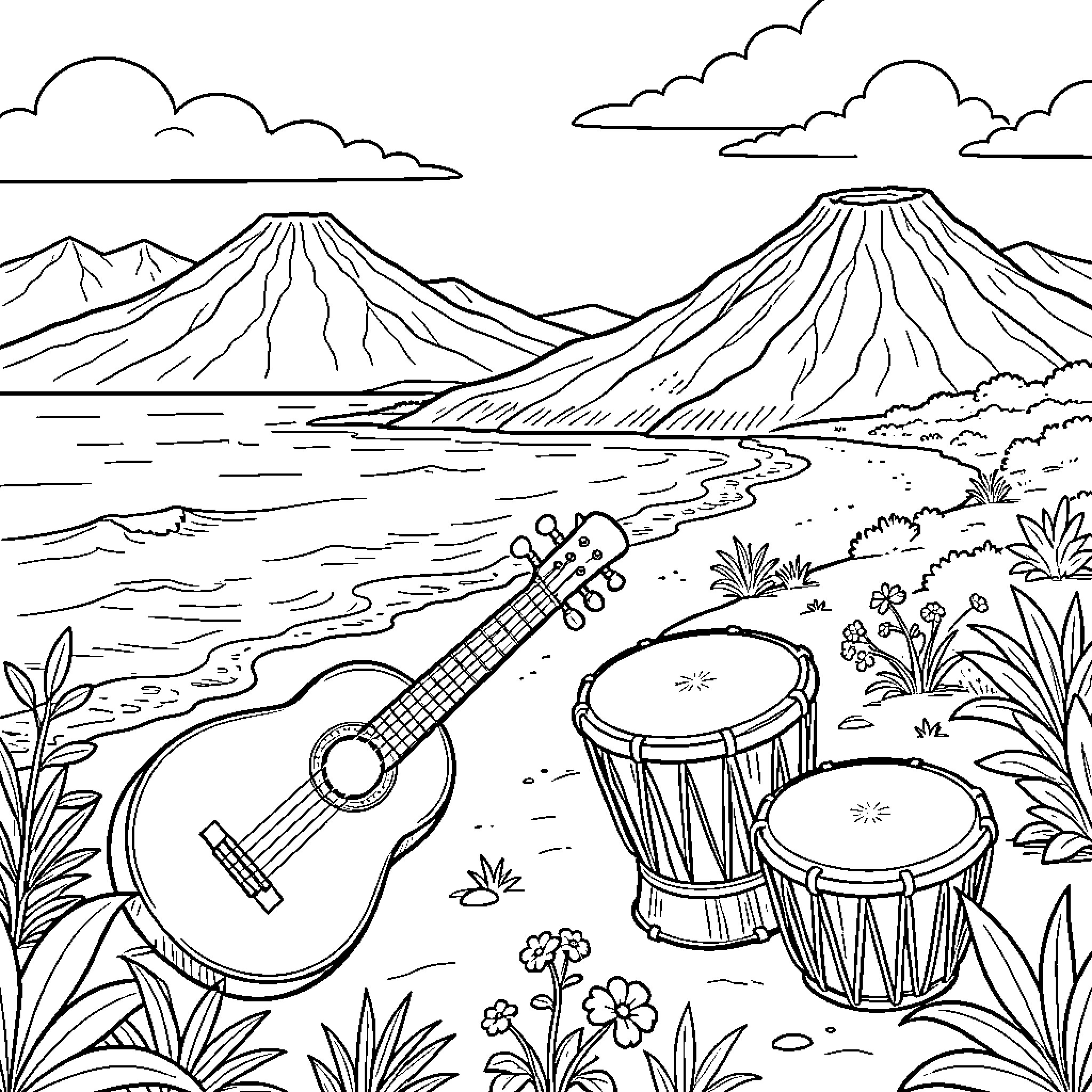 Instrumento musical en escena natural Coloring Page (free black-and-white line drawing printable PDF for all, from beginners to advanced learners, including children, teens, adults, and seniors)