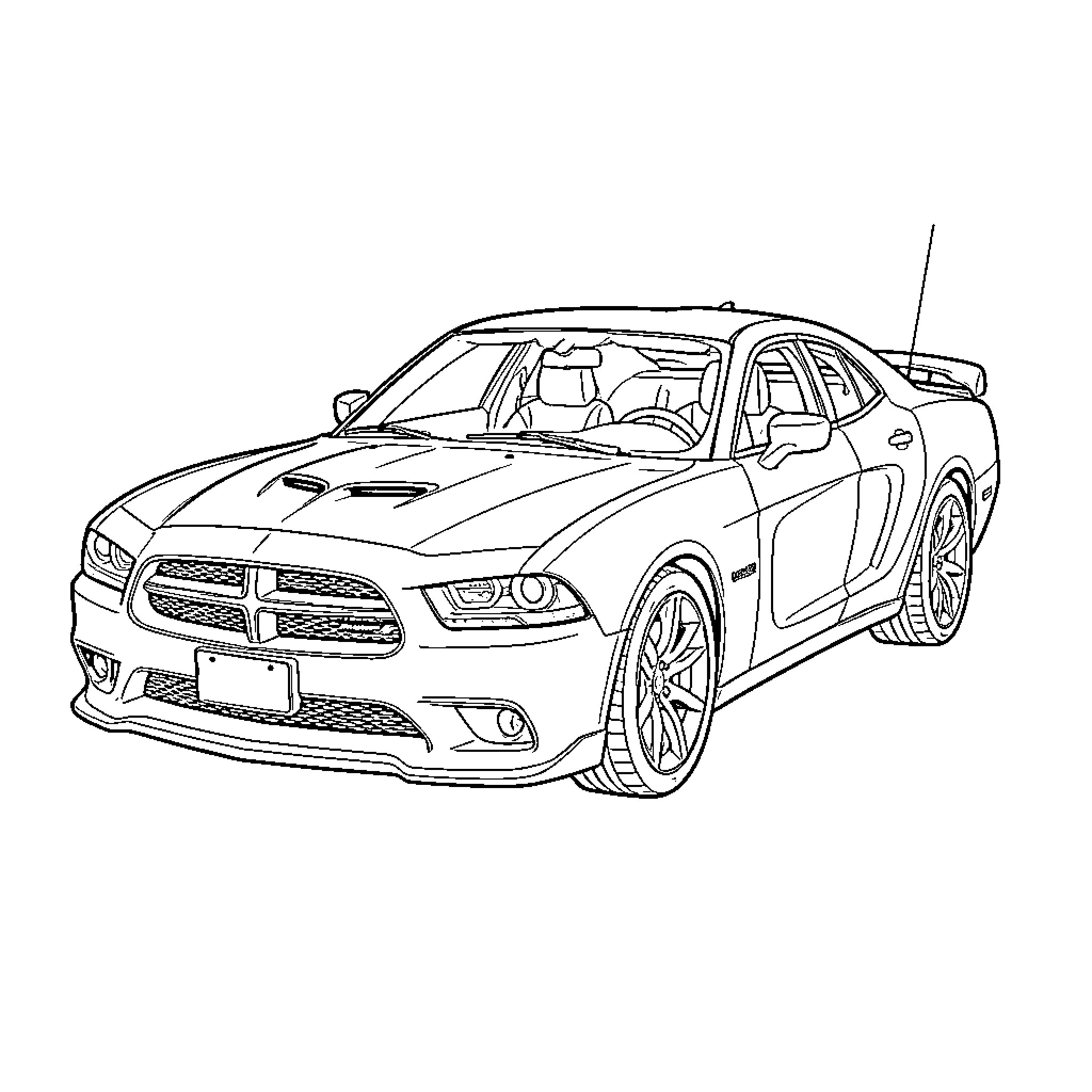 Dodge muscle car parked in a professional pose Coloring Page (free black-and-white line drawing printable PDF for all, from beginners to advanced learners, including children, teens, adults, and seniors)