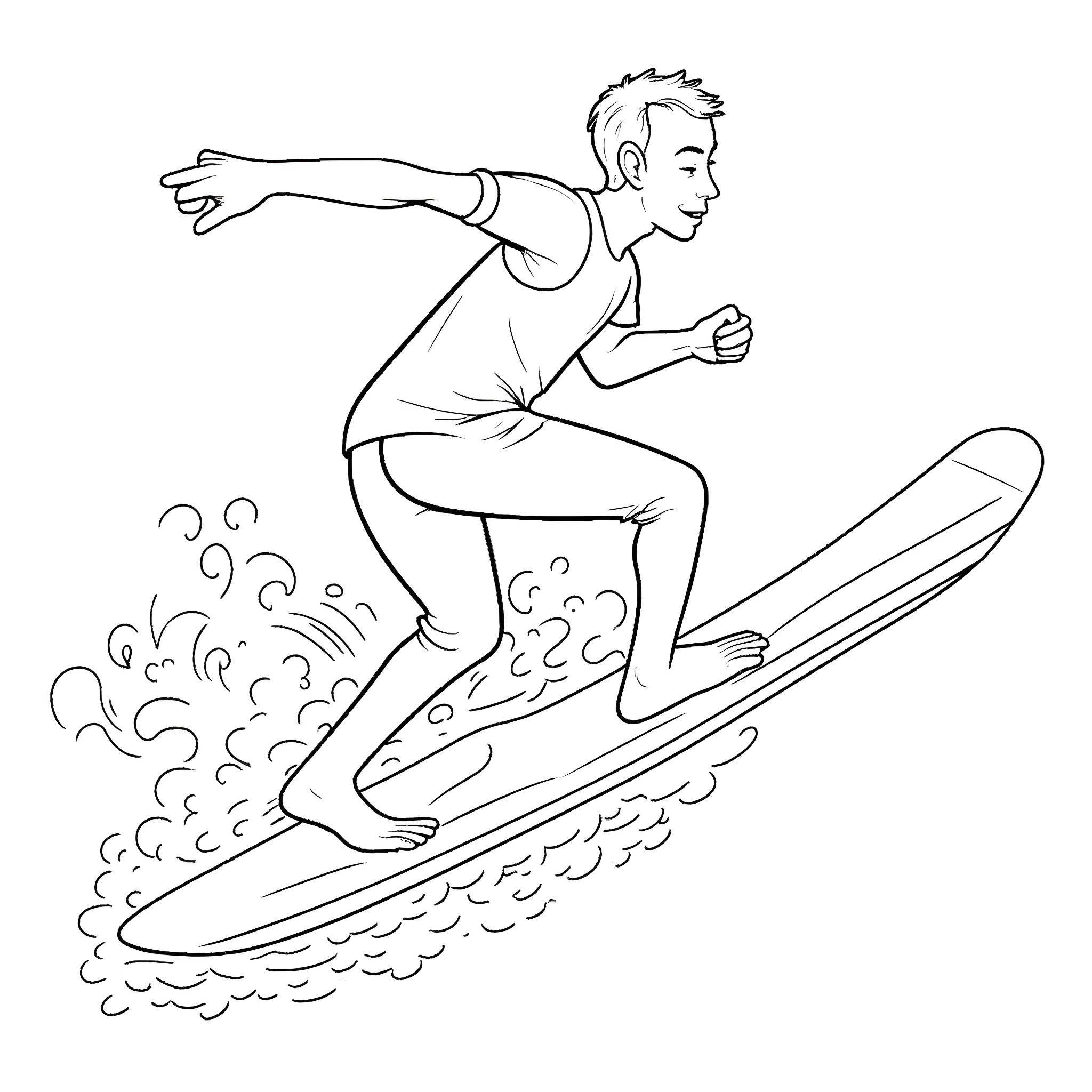 Snickers surfer riding the waves Coloring Page (free black-and-white line drawing printable PDF for all, from beginners to advanced learners, including children, teens, adults, and seniors)