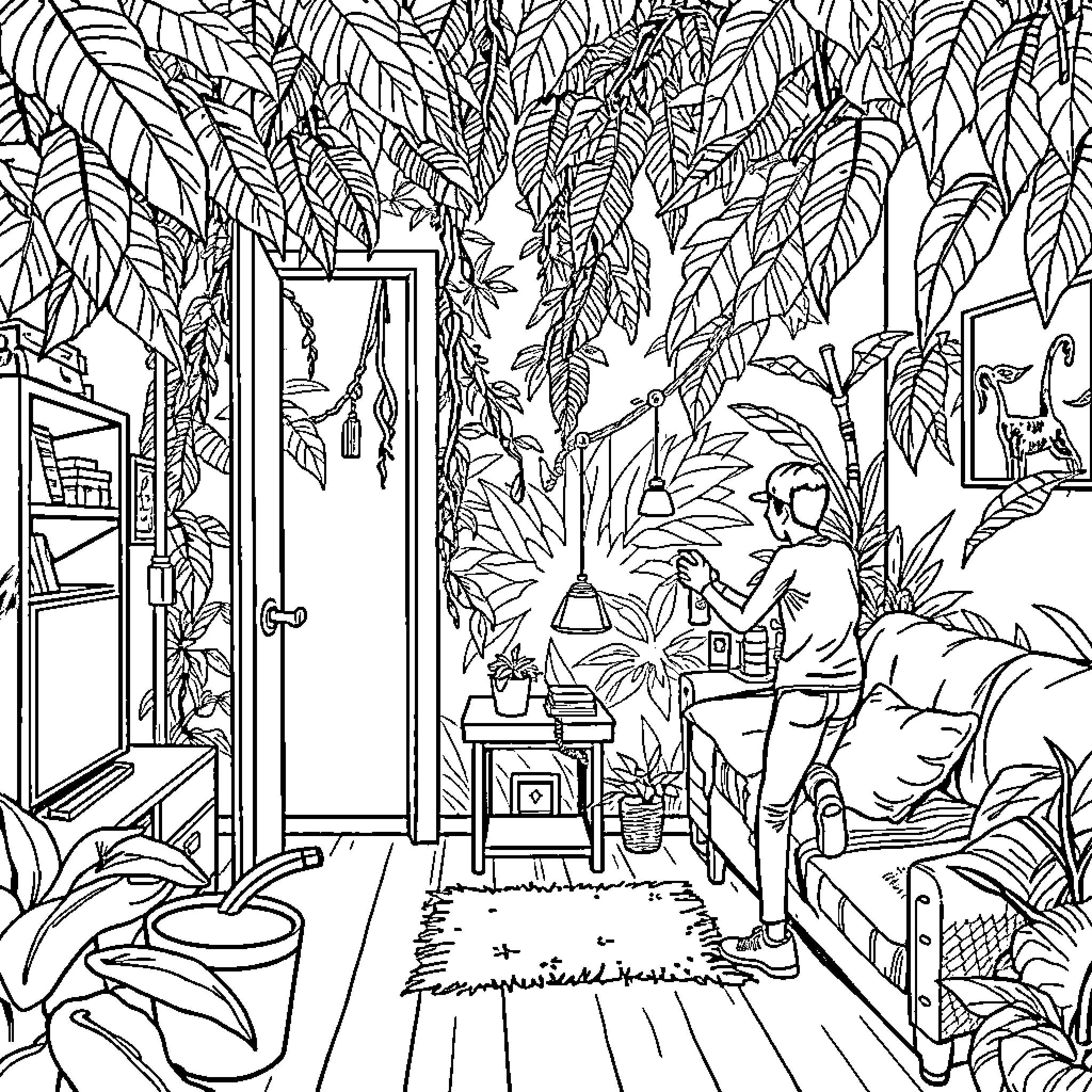 Michou's Whimsical Indoor Jungle Coloring Page (free black-and-white line drawing printable PDF for all, from beginners to advanced learners, including children, teens, adults, and seniors)