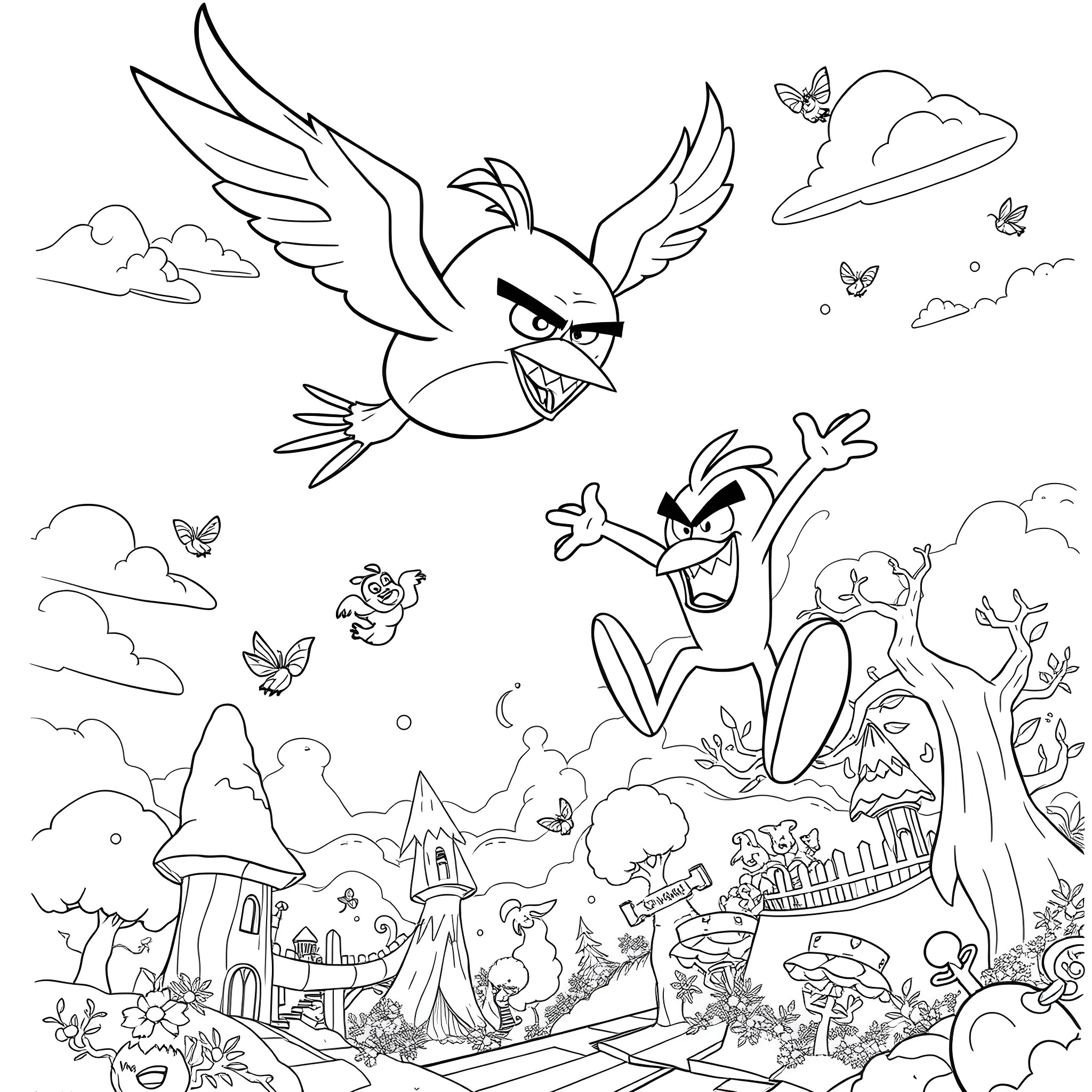 Bird characters in a whimsical fantasy landscape Coloring Page (free black-and-white line drawing printable PDF for all, from beginners to advanced learners, including children, teens, adults, and seniors)