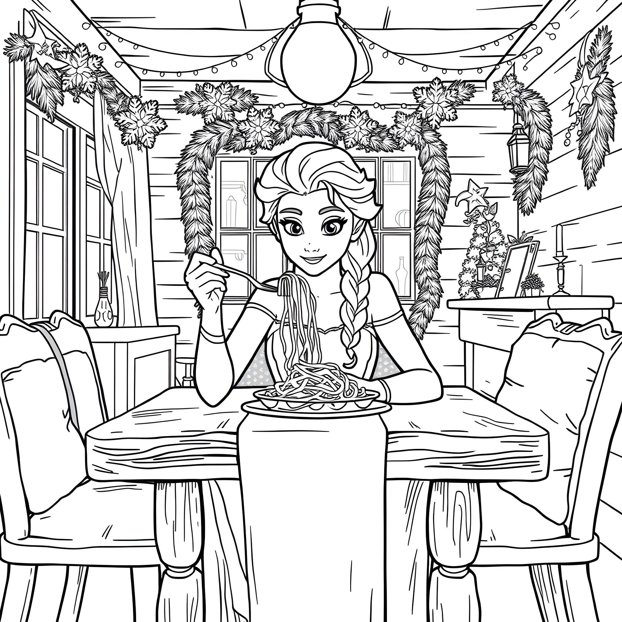 Elsa's Cozy Winter Wonderland Coloring Page (free black-and-white line drawing printable PDF for all, from beginners to advanced learners, including children, teens, adults, and seniors)