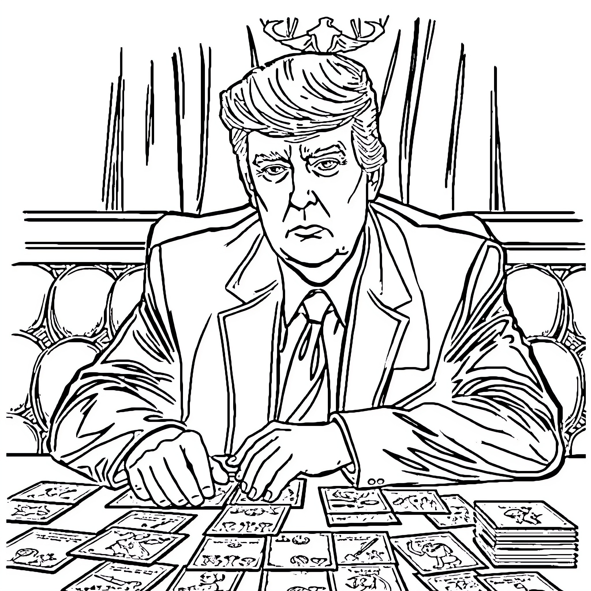 Trump sitting at his desk with piles of documents Coloring Page (free black-and-white line drawing printable PDF for all, from beginners to advanced learners, including children, teens, adults, and seniors)