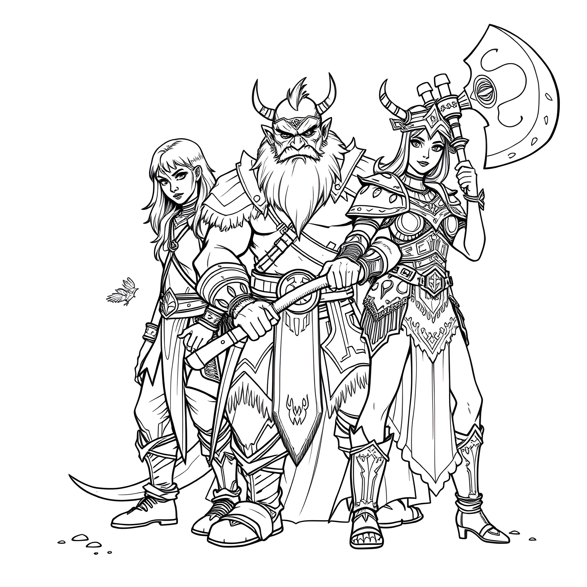 Adventurer Warrior Trio in Heroic Pose Coloring Page (free black-and-white line drawing printable PDF for all, from beginners to advanced learners, including children, teens, adults, and seniors)