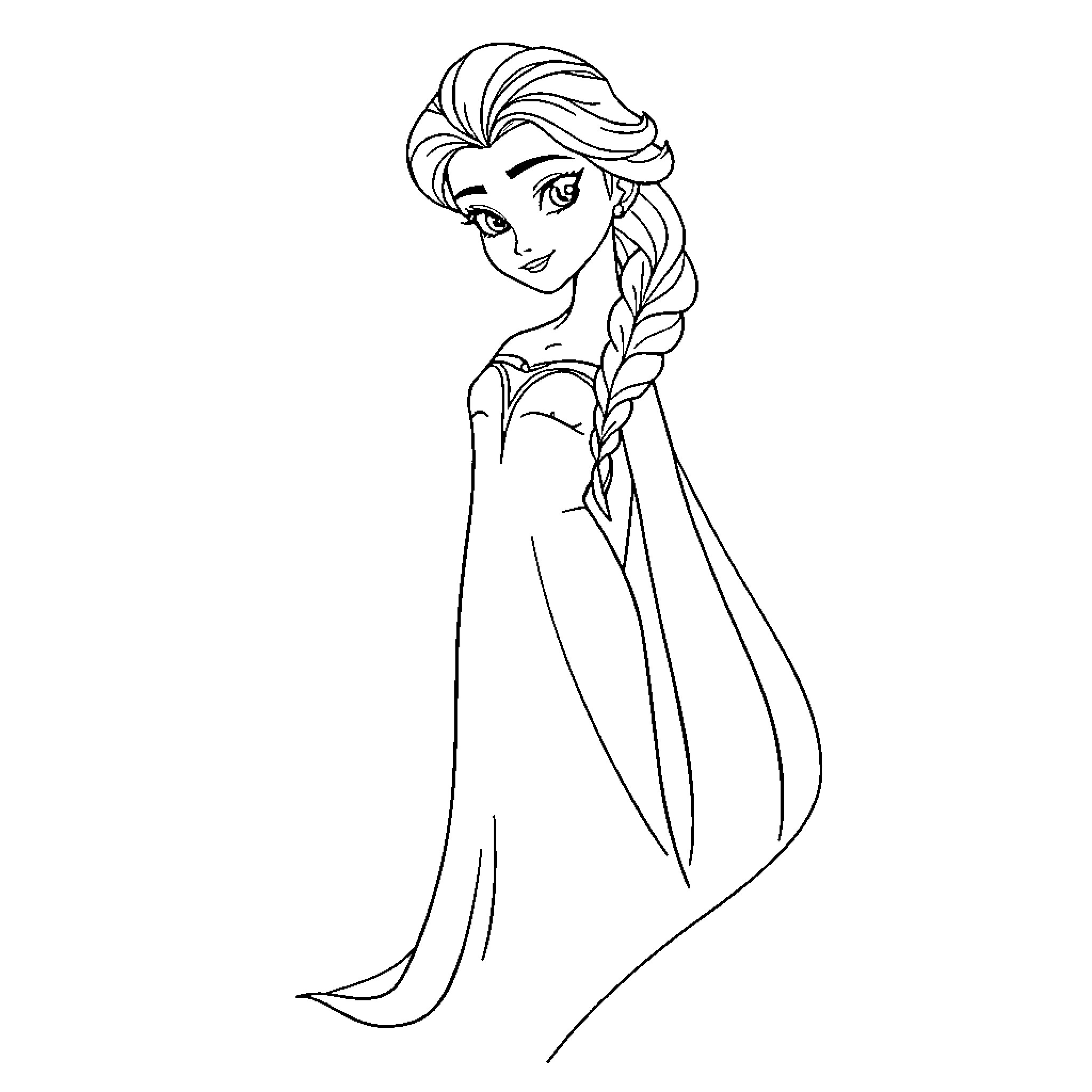 Elsa in a flowing dress with a braid Coloring Page (free black-and-white line drawing printable PDF for all, from beginners to advanced learners, including children, teens, adults, and seniors)
