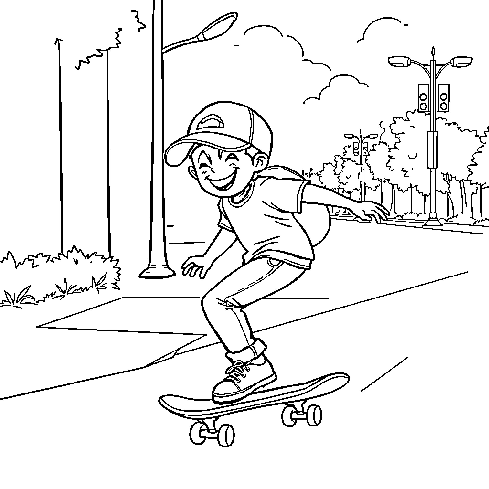 Boy skateboarding on the city street Coloring Page (free black-and-white line drawing printable PDF for all, from beginners to advanced learners, including children, teens, adults, and seniors)