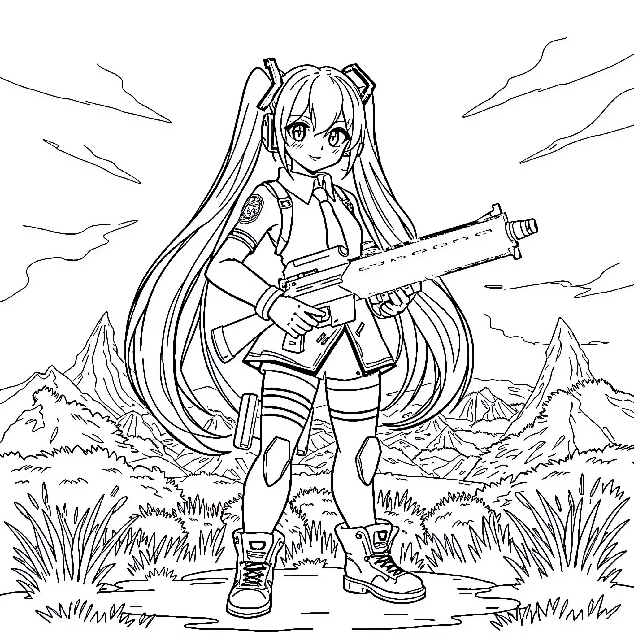 Hatsune Miku wielding a futuristic weapon in a scenic outdoor setting Coloring Page (free black-and-white line drawing printable PDF for all, from beginners to advanced learners, including children, teens, adults, and seniors)