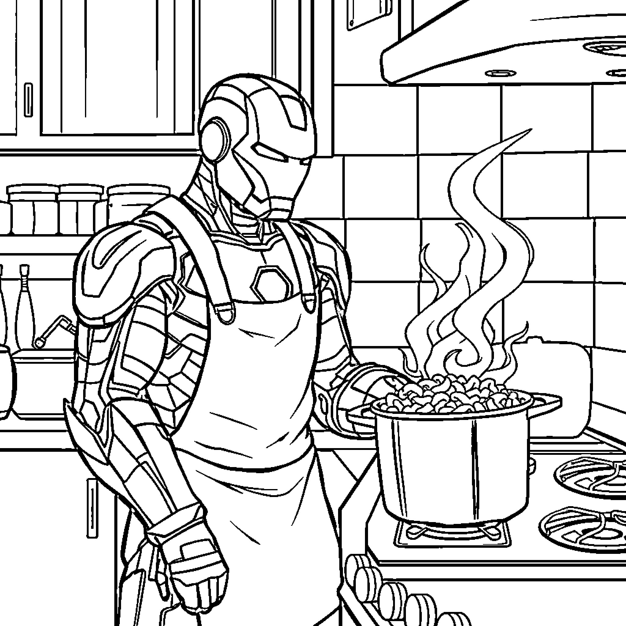 Ironman Preparing a Meal in the Kitchen Coloring Page (free black-and-white line drawing printable PDF for all, from beginners to advanced learners, including children, teens, adults, and seniors)