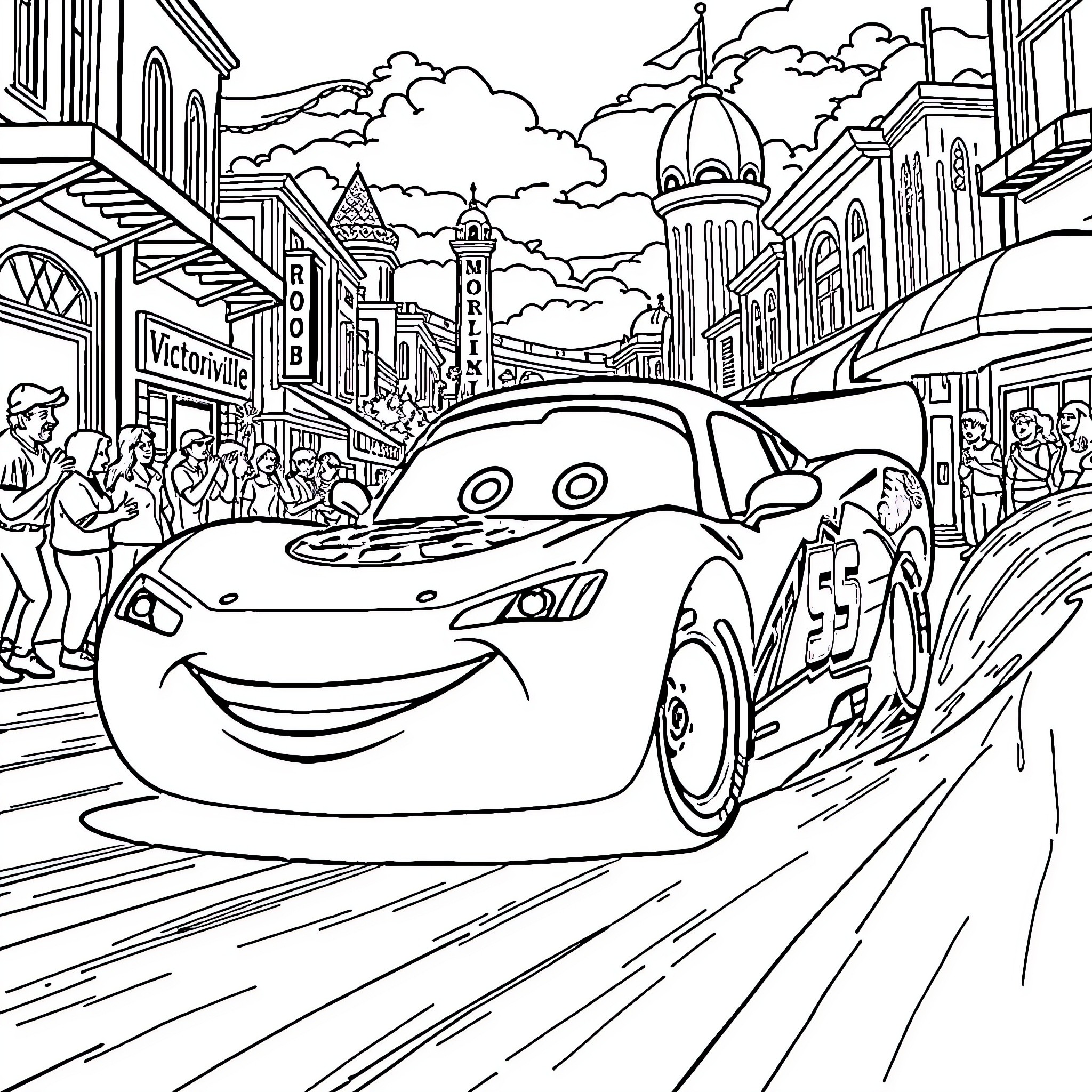 Flash McQueen racing through the city streets Coloring Page (free black-and-white line drawing printable PDF for all, from beginners to advanced learners, including children, teens, adults, and seniors)