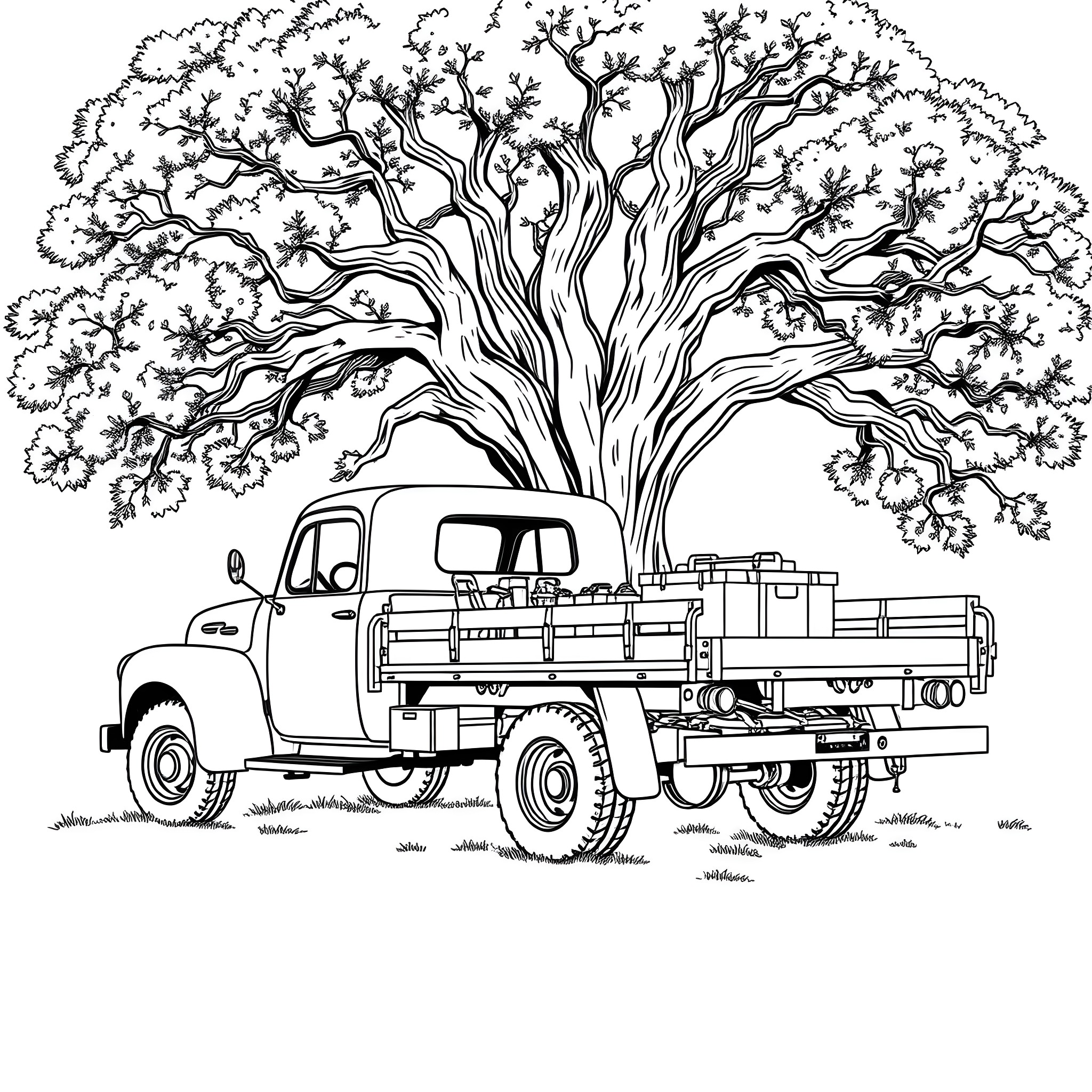Flatbed Truck Carrying Cargo Under Sprawling Tree Coloring Page (free black-and-white line drawing printable PDF for all, from beginners to advanced learners, including children, teens, adults, and seniors)