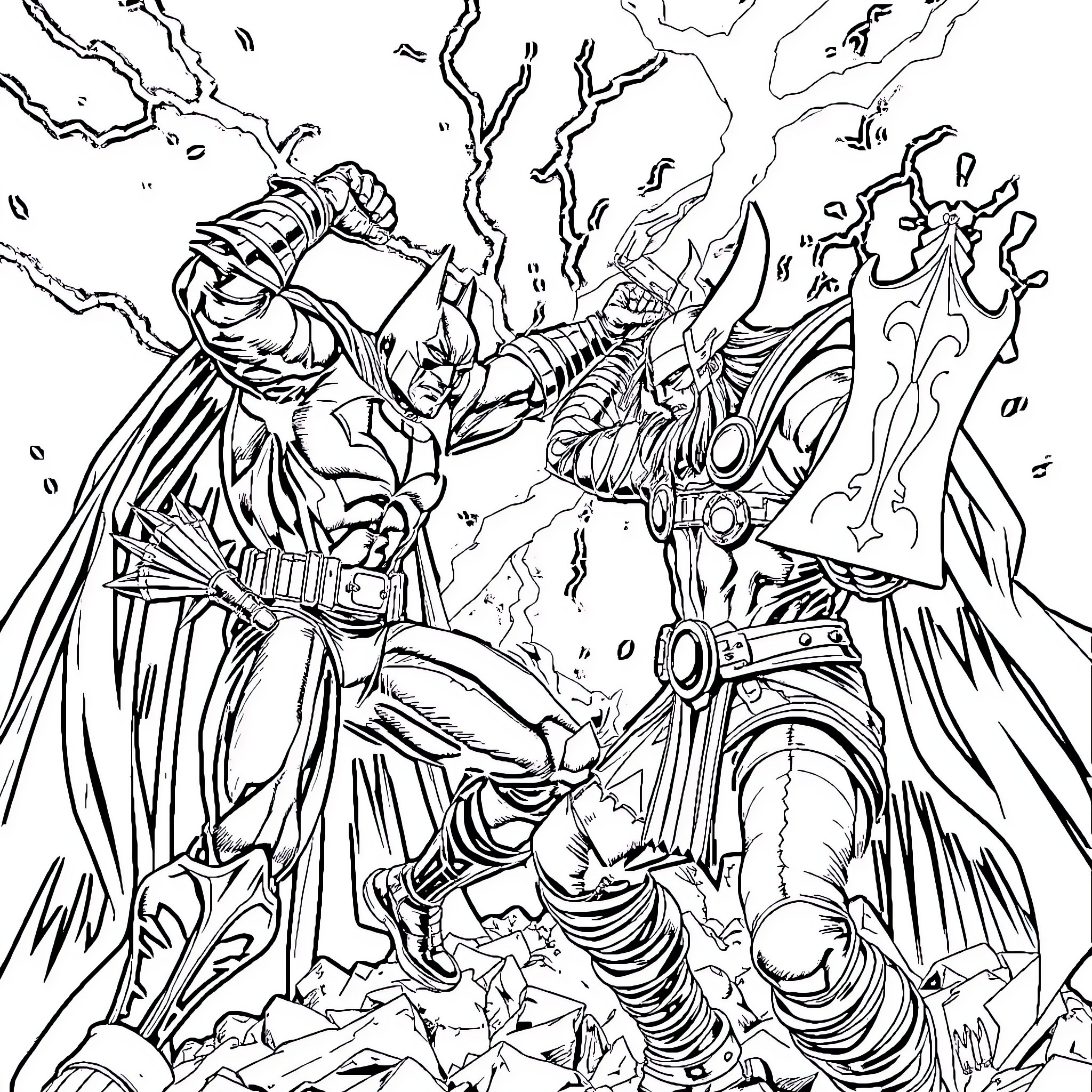Batman in an intense battle with a powerful foe Coloring Page (free black-and-white line drawing printable PDF for all, from beginners to advanced learners, including children, teens, adults, and seniors)