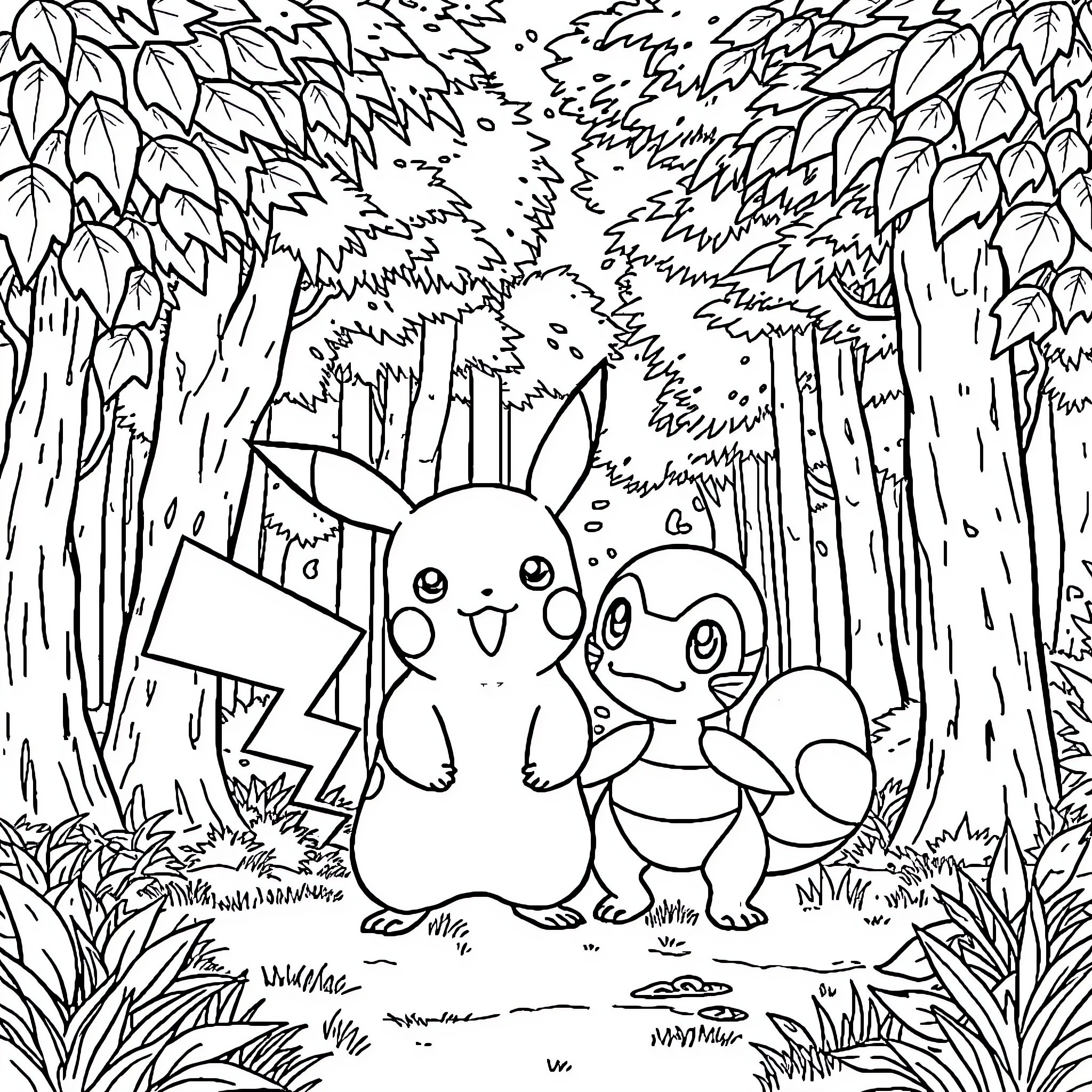 Pikachu and Piplup explore the forest Coloring Page (free black-and-white line drawing printable PDF for all, from beginners to advanced learners, including children, teens, adults, and seniors)