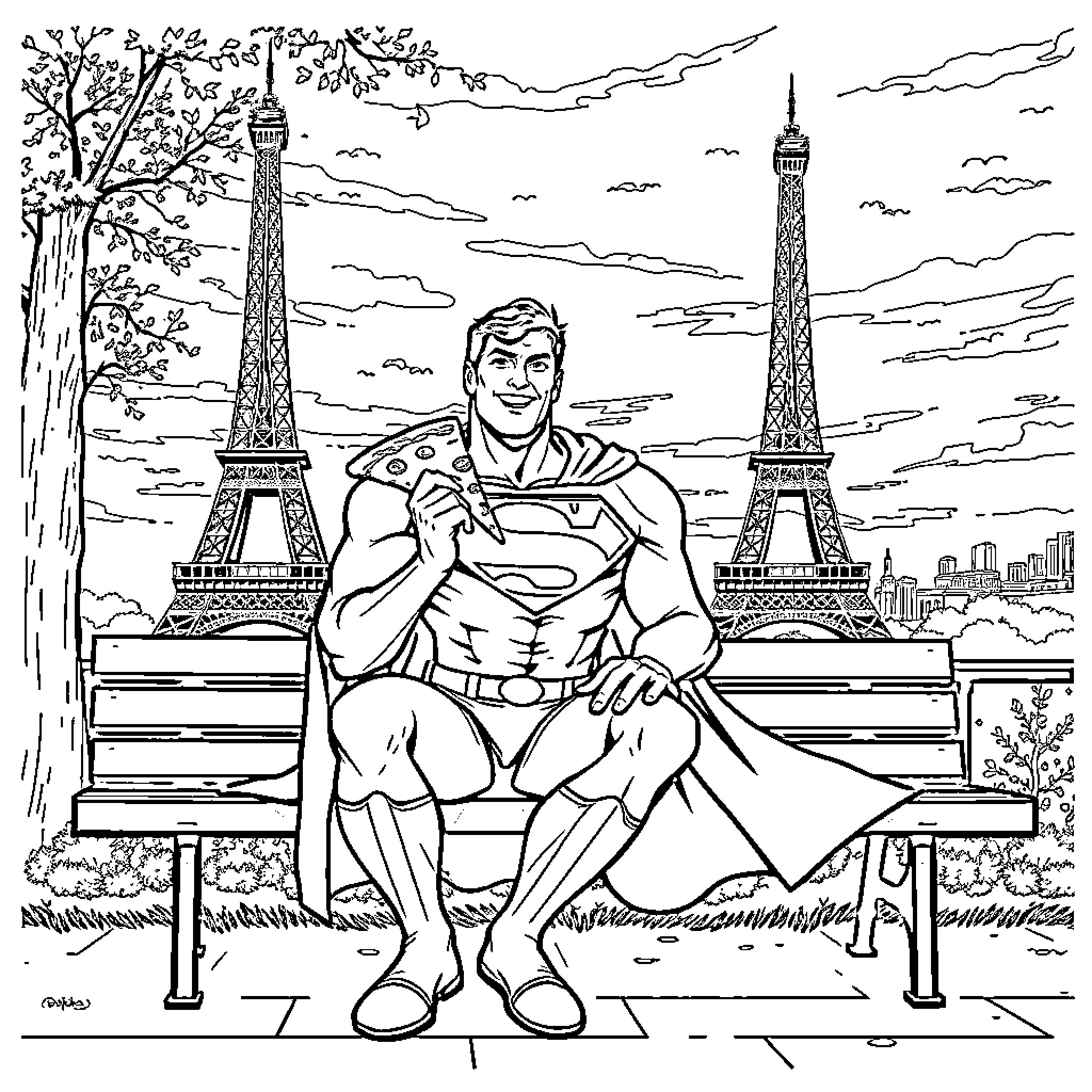 Superman relaxing on a park bench in Paris Coloring Page (free black-and-white line drawing printable PDF for all, from beginners to advanced learners, including children, teens, adults, and seniors)