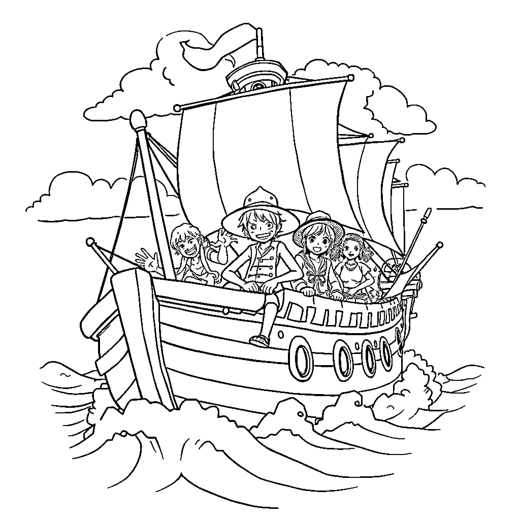 One Piece Crew Sailing on Adventure Ship Coloring Page (free black-and-white line drawing printable PDF for all, from beginners to advanced learners, including children, teens, adults, and seniors)