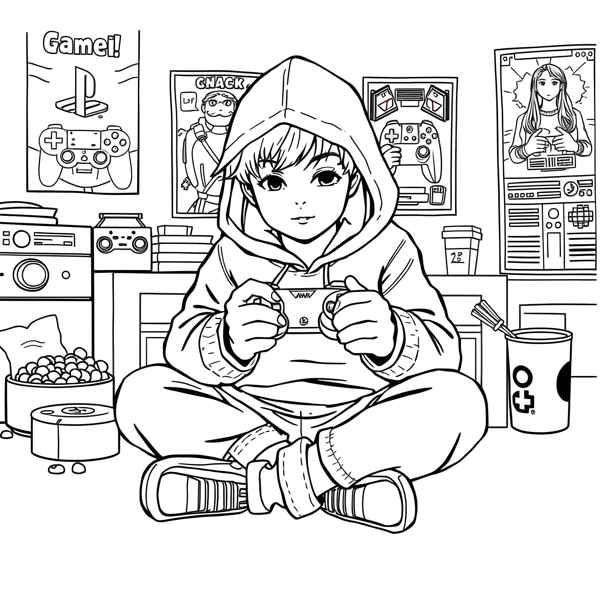 Kid playing video games in their room Coloring Page (free black-and-white line drawing printable PDF for all, from beginners to advanced learners, including children, teens, adults, and seniors)