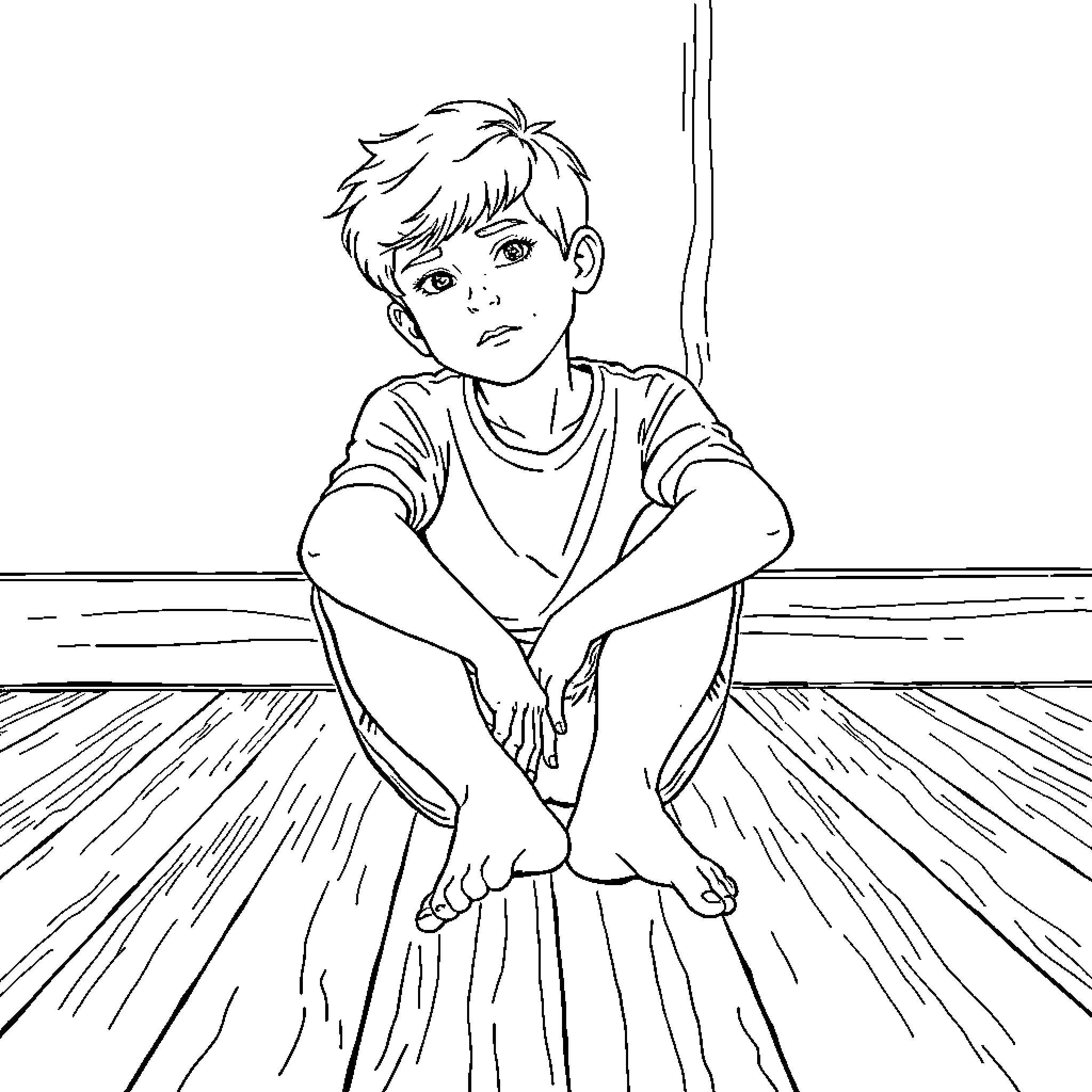 Boy contemplating in an empty room Coloring Page (free black-and-white line drawing printable PDF for all, from beginners to advanced learners, including children, teens, adults, and seniors)