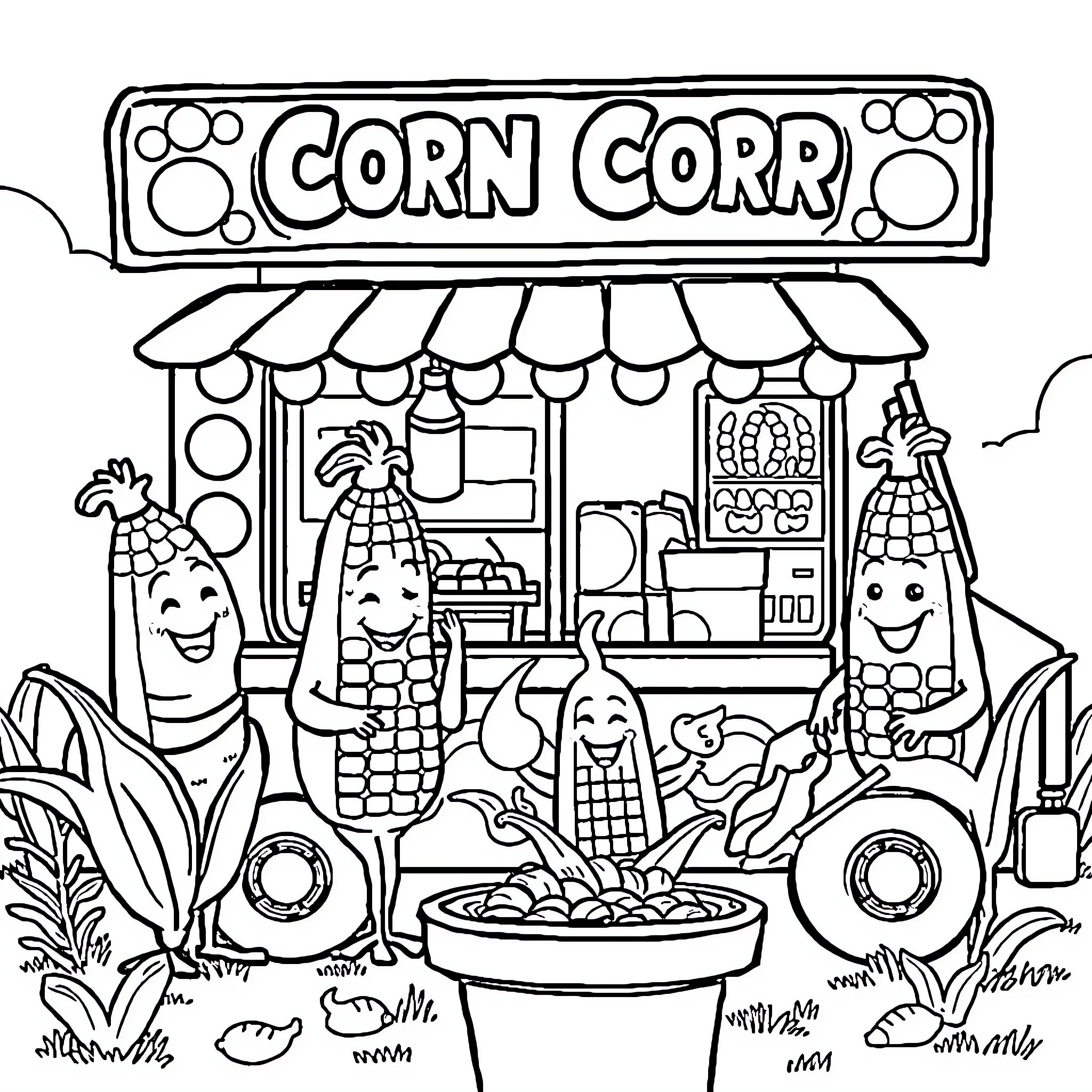 Corn-themed characters running a lively corn stand Coloring Page (free black-and-white line drawing printable PDF for all, from beginners to advanced learners, including children, teens, adults, and seniors)