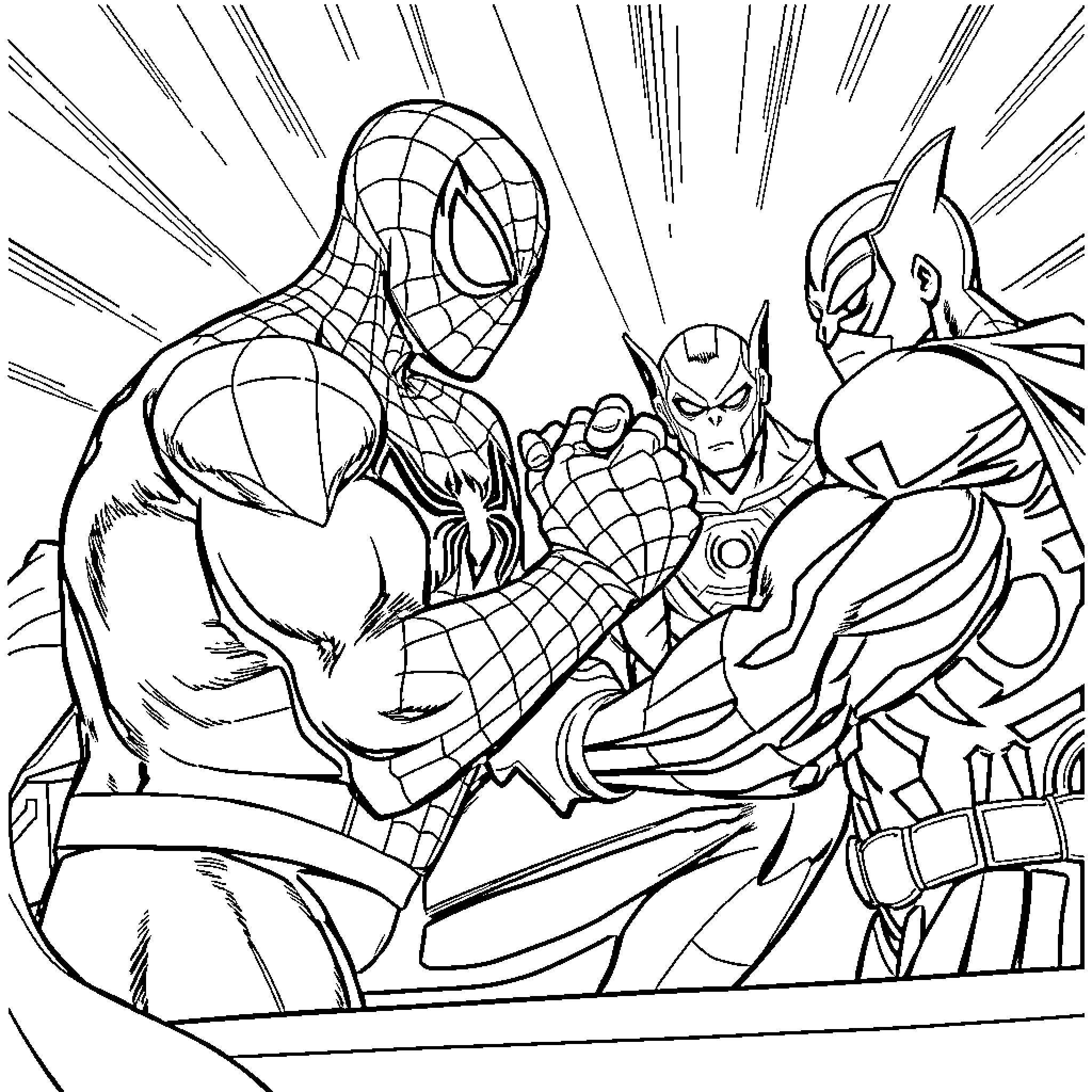 Spider-Man fighting alongside Marvel superheroes Coloring Page (free black-and-white line drawing printable PDF for all, from beginners to advanced learners, including children, teens, adults, and seniors)