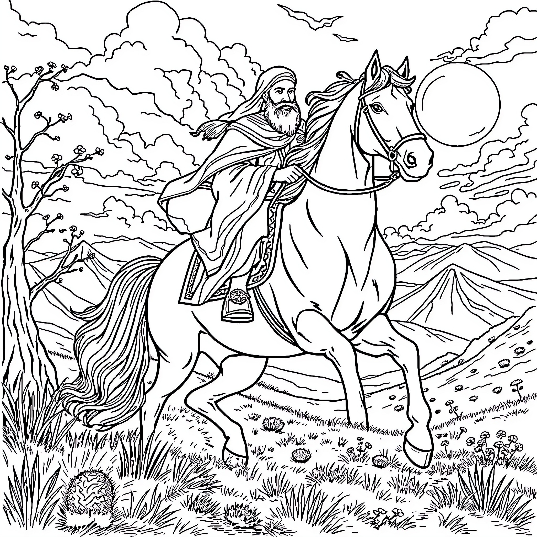 Rumi riding a magnificent horse through a captivating landscape Coloring Page (free black-and-white line drawing printable PDF for all, from beginners to advanced learners, including children, teens, adults, and seniors)