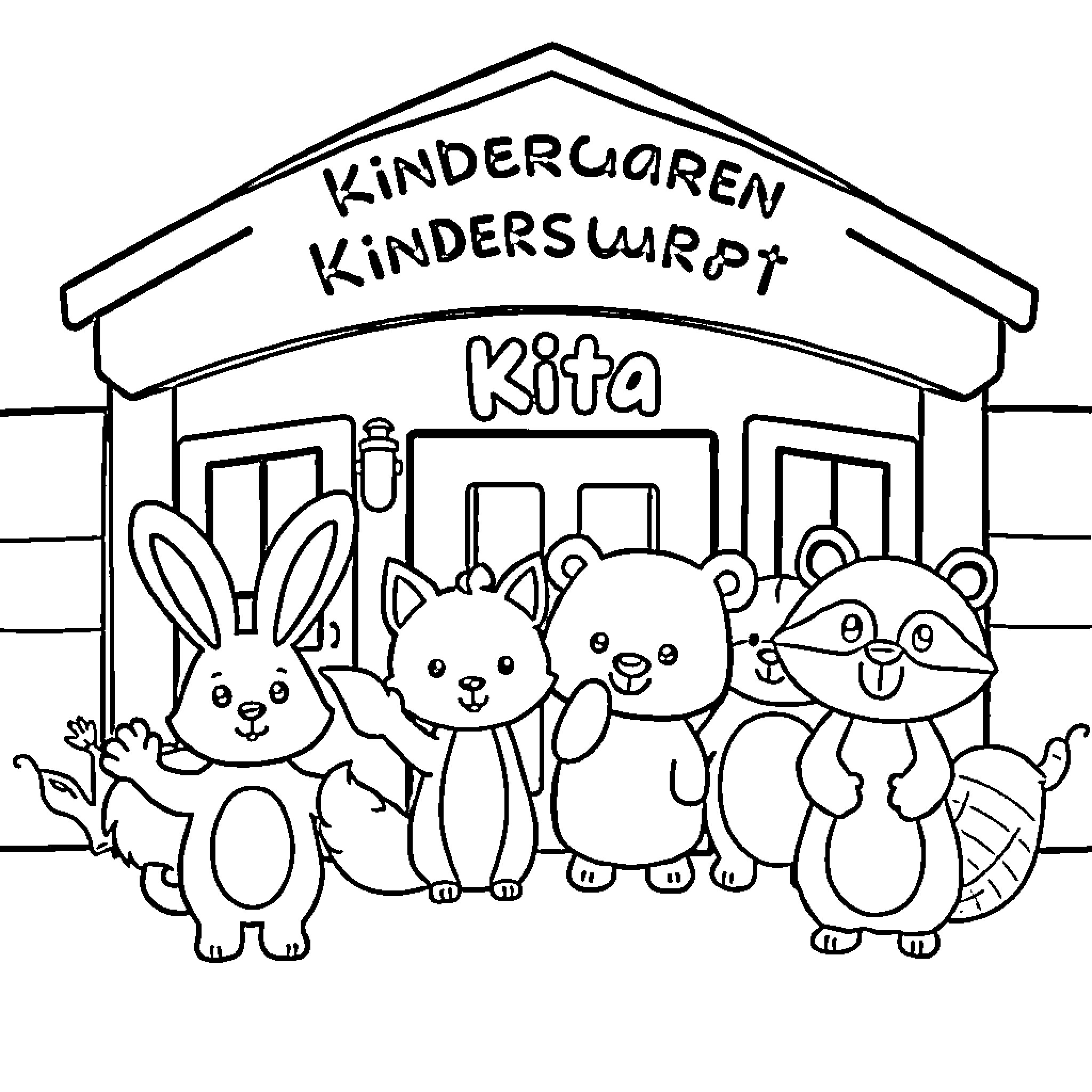 Animal characters outside a kindergarten building Coloring Page (free black-and-white line drawing printable PDF for all, from beginners to advanced learners, including children, teens, adults, and seniors)
