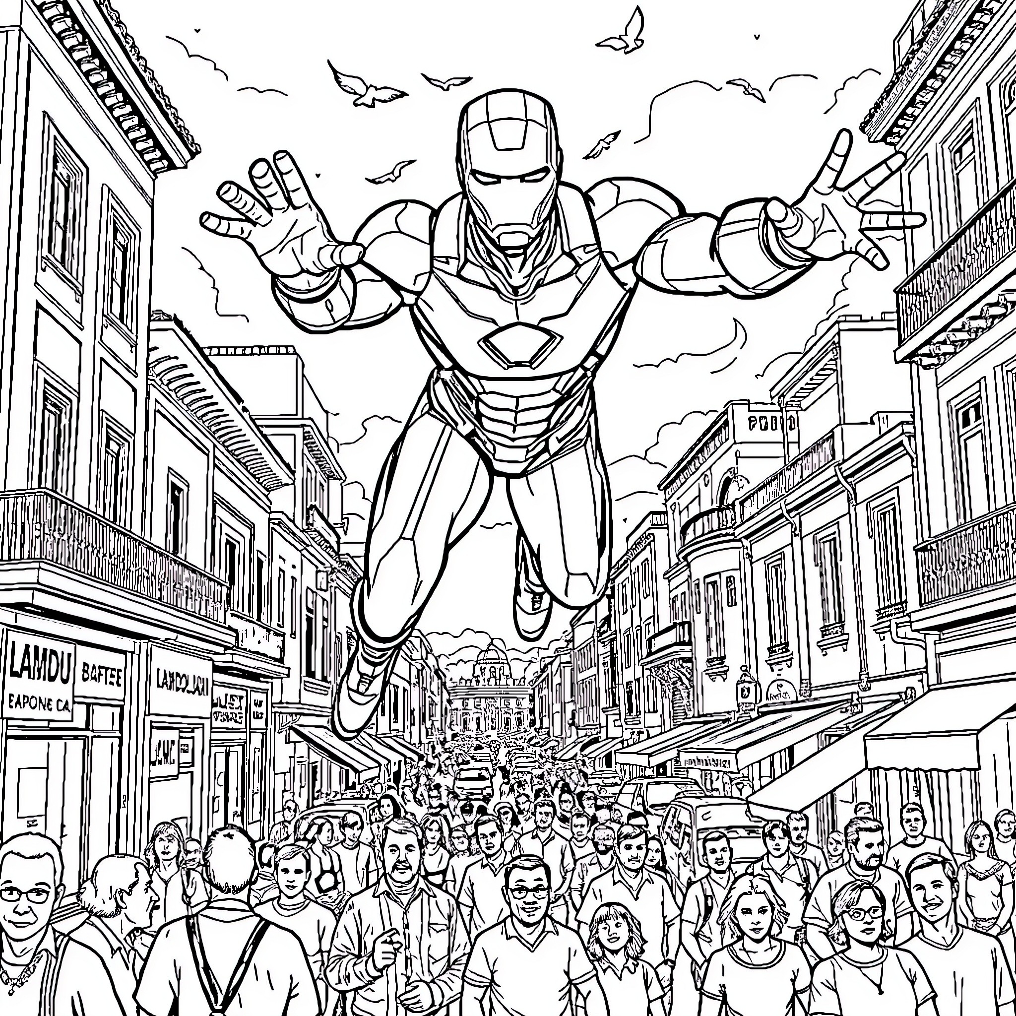 Iron Man flying over a crowded city street Coloring Page (free black-and-white line drawing printable PDF for all, from beginners to advanced learners, including children, teens, adults, and seniors)