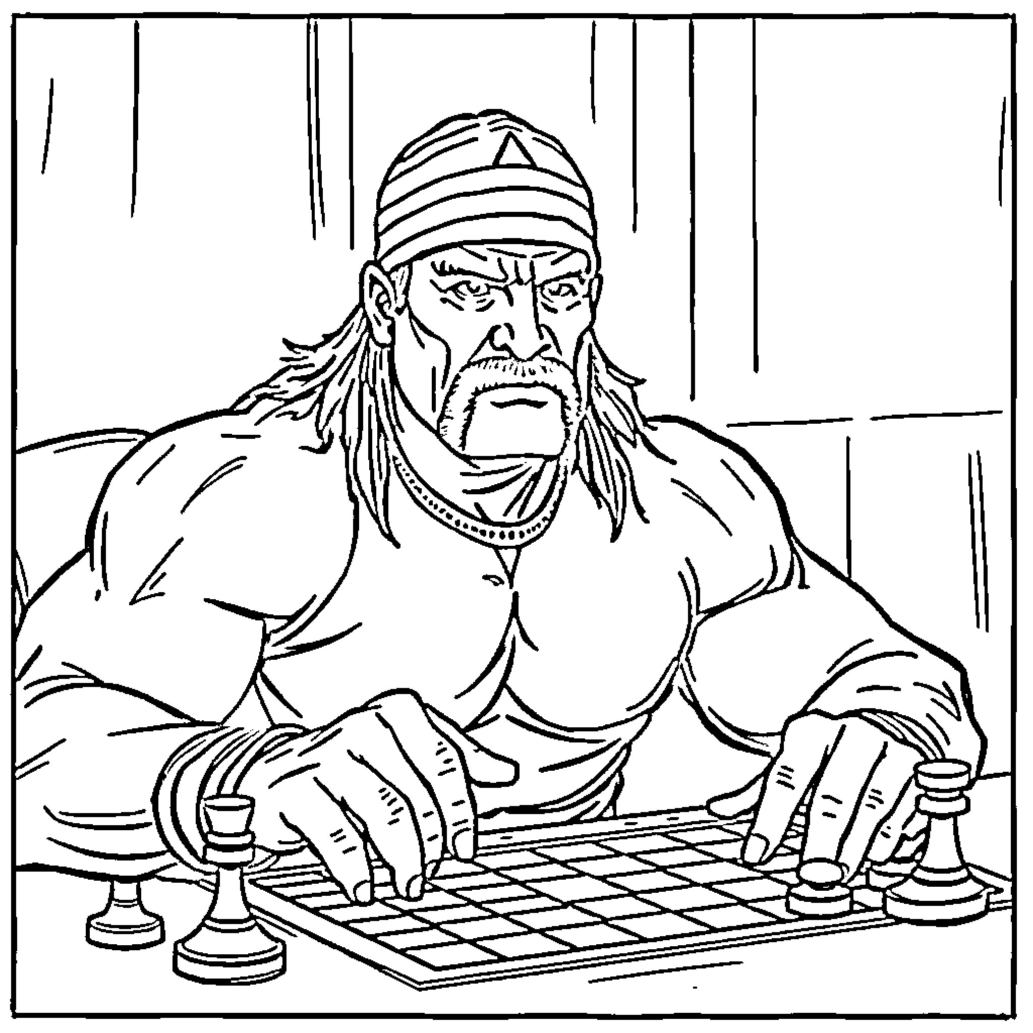 Hulk Hogan playing chess intensely Coloring Page (free black-and-white line drawing printable PDF for all, from beginners to advanced learners, including children, teens, adults, and seniors)