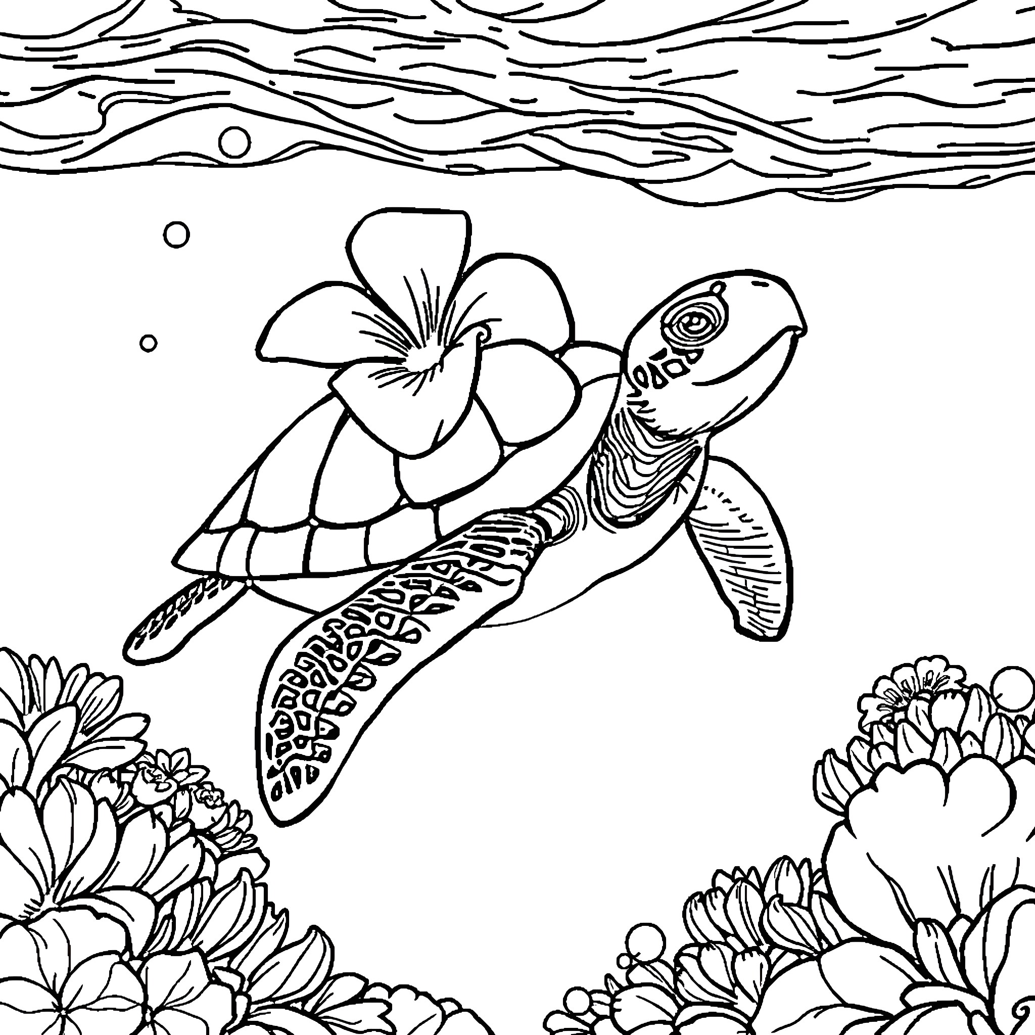 Turtle swimming amongst flowers in the ocean Coloring Page (free black-and-white line drawing printable PDF for all, from beginners to advanced learners, including children, teens, adults, and seniors)
