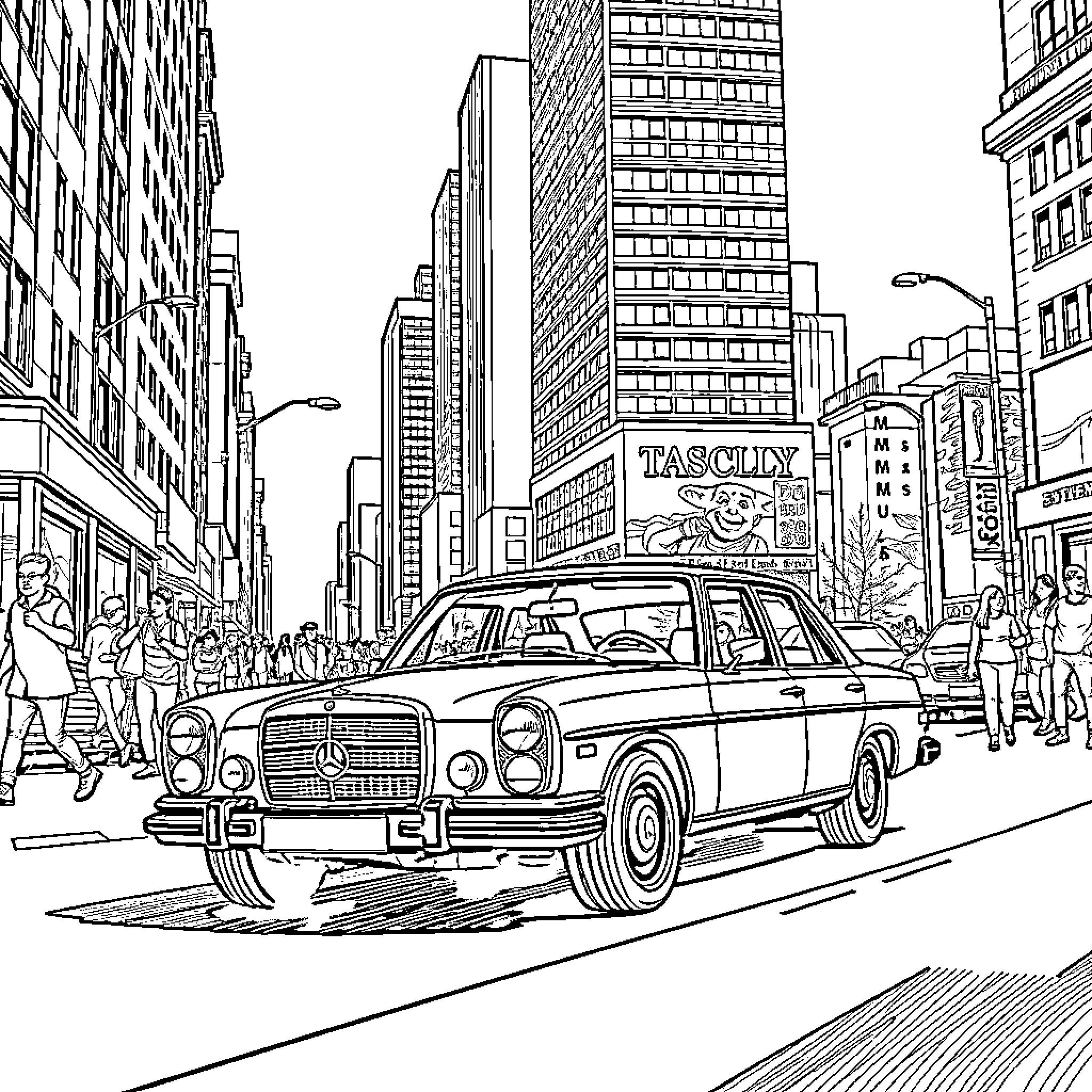 Mercedes Sedan in Bustling City Street Scene Coloring Page (free black-and-white line drawing printable PDF for all, from beginners to advanced learners, including children, teens, adults, and seniors)