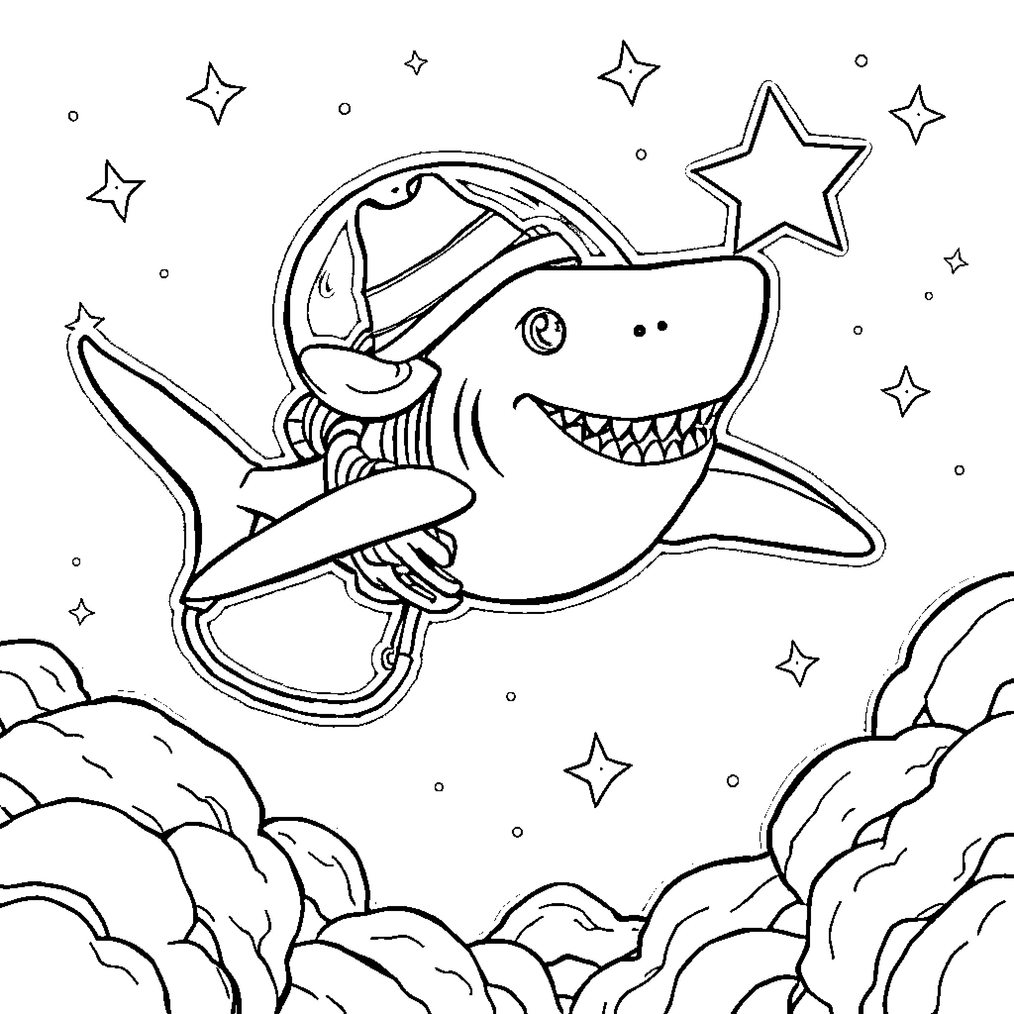 Astronaut shark exploring the galaxy Coloring Page (free black-and-white line drawing printable PDF for all, from beginners to advanced learners, including children, teens, adults, and seniors)