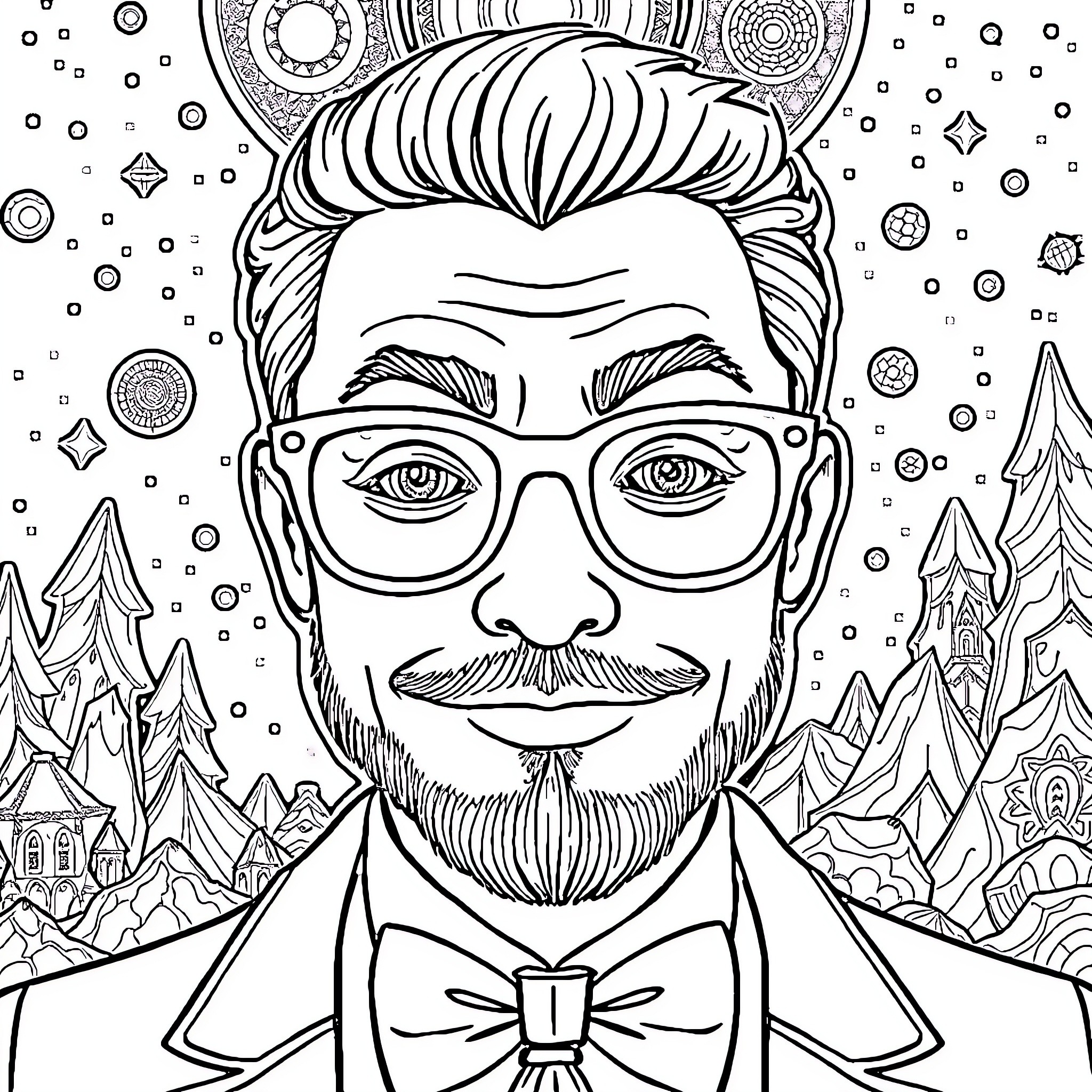 Eyeglass Man in Magical Landscape Coloring Page (free black-and-white line drawing printable PDF for all, from beginners to advanced learners, including children, teens, adults, and seniors)