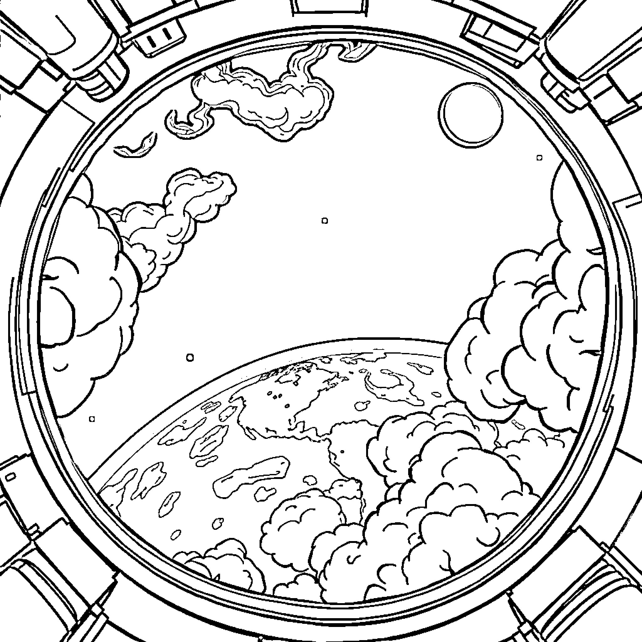 Rocket launching into the cloudy sky Coloring Page (free black-and-white line drawing printable PDF for all, from beginners to advanced learners, including children, teens, adults, and seniors)