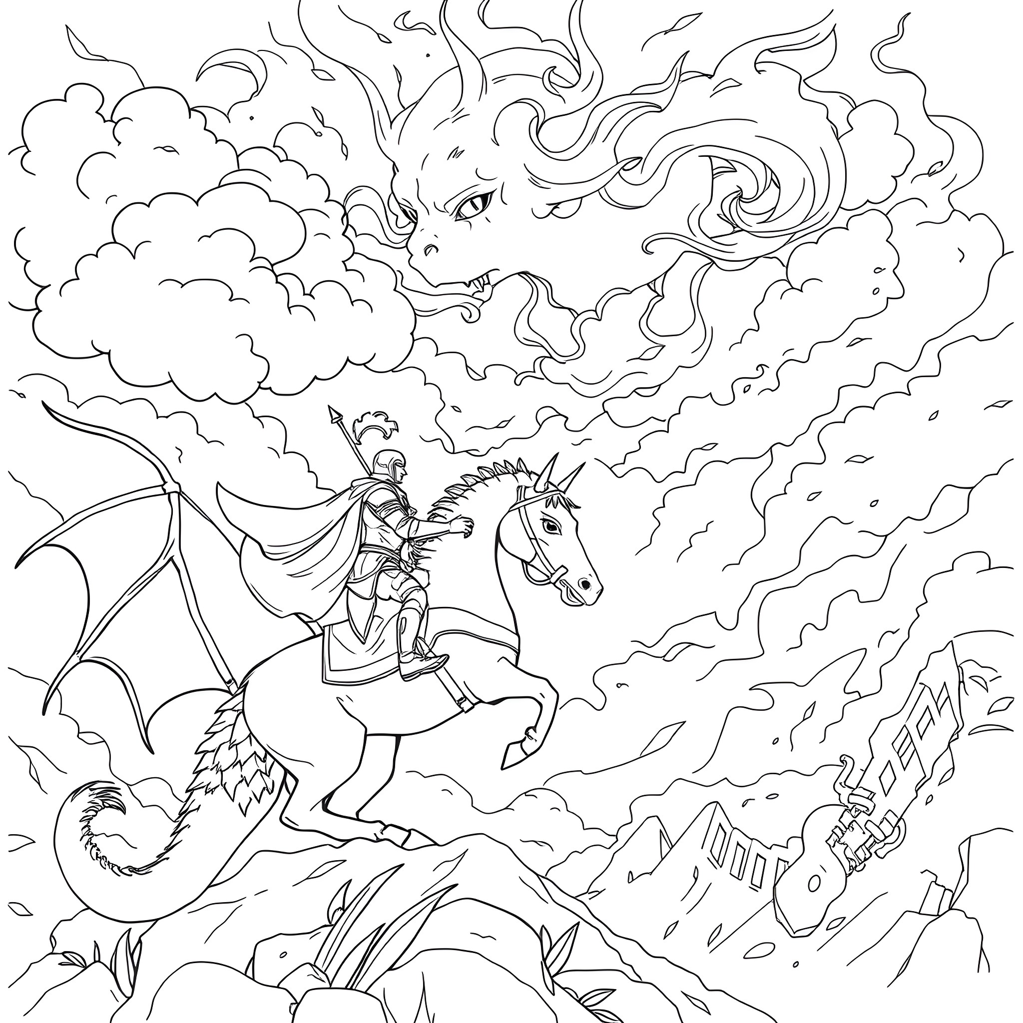 Knight riding a winged mythical creature in a stormy landscape Coloring Page (free black-and-white line drawing printable PDF for all, from beginners to advanced learners, including children, teens, adults, and seniors)