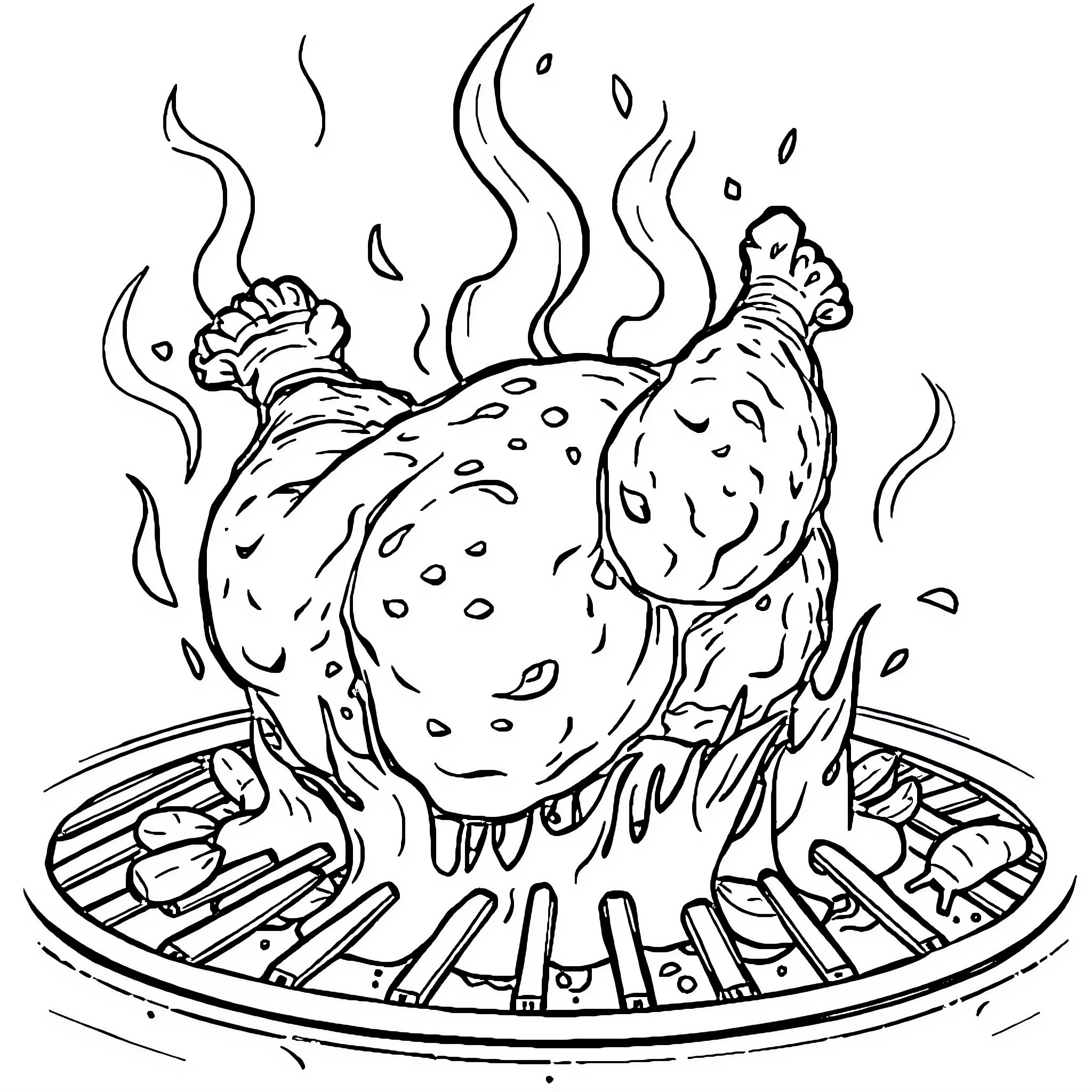 Chicken sizzling and smoking on a grill Coloring Page (free black-and-white line drawing printable PDF for all, from beginners to advanced learners, including children, teens, adults, and seniors)