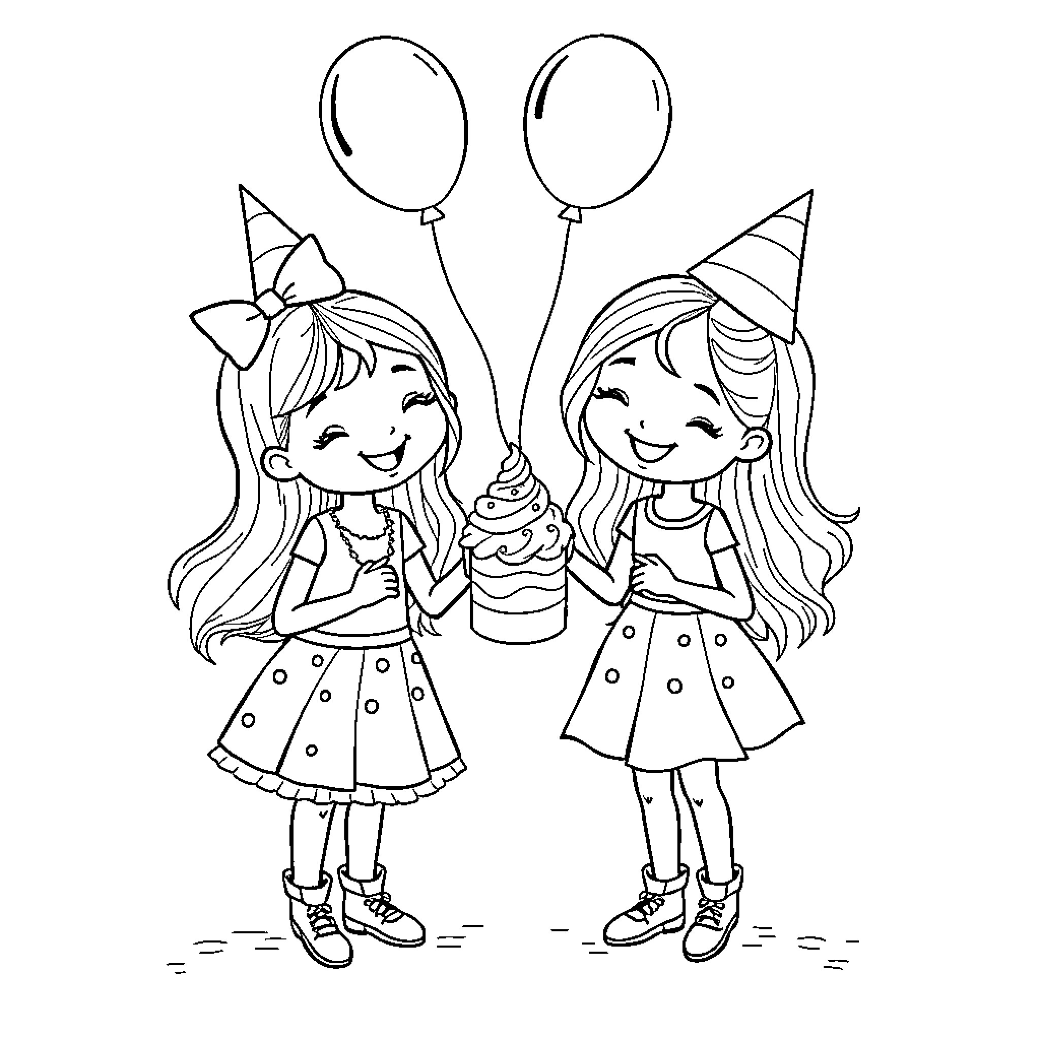 Twin Girls Celebrate Birthday with Balloons and Cupcake Coloring Page (free black-and-white line drawing printable PDF for all, from beginners to advanced learners, including children, teens, adults, and seniors)