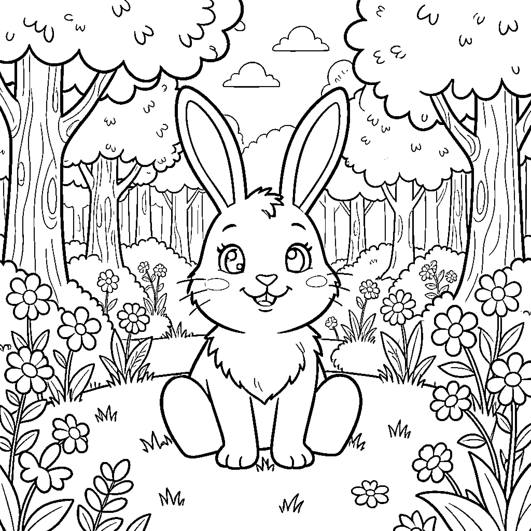 Bunny in the Flowery Forest Coloring Page (free black-and-white line drawing printable PDF for all, from beginners to advanced learners, including children, teens, adults, and seniors)