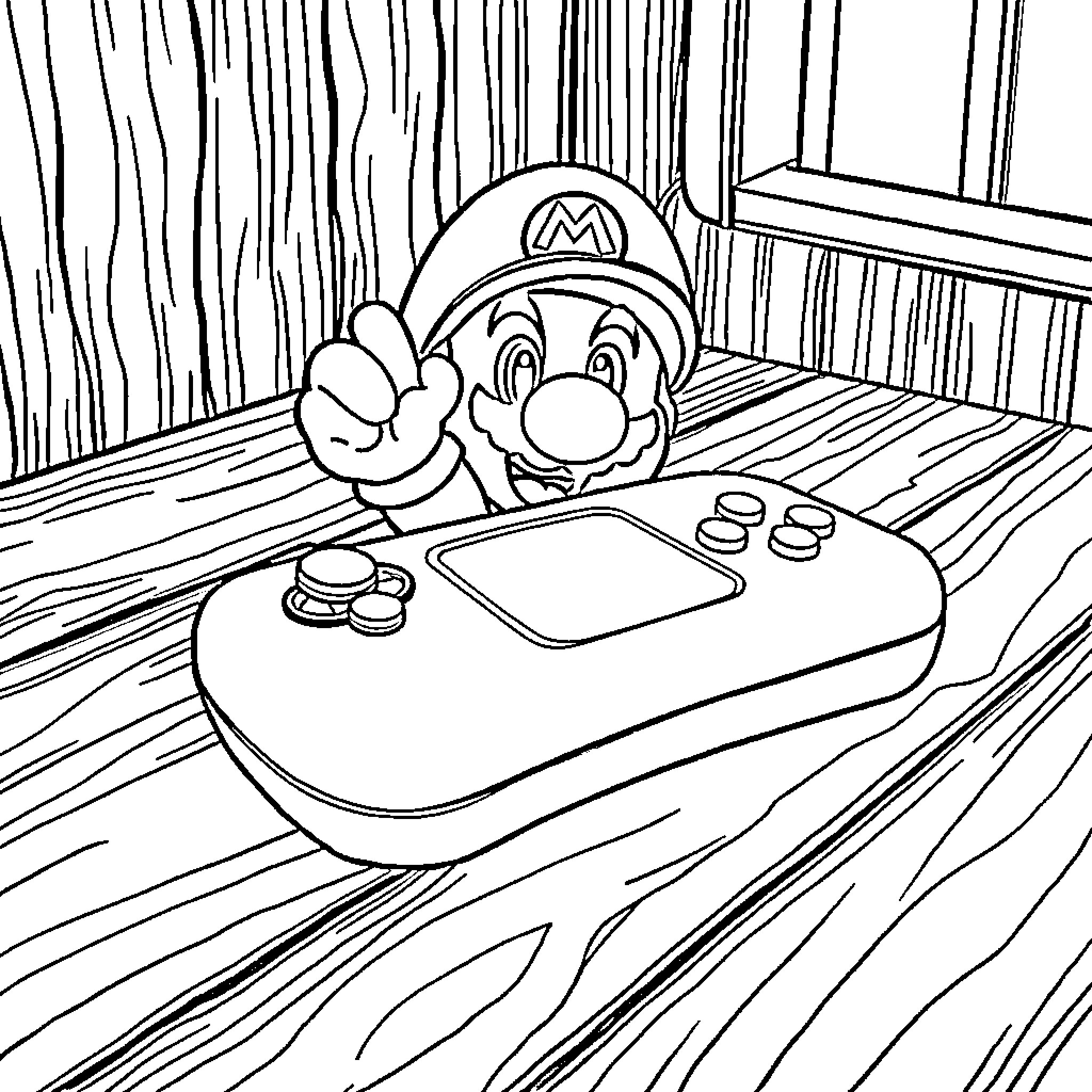 Mario Controller Enjoying a Video Game Session Coloring Page (free black-and-white line drawing printable PDF for all, from beginners to advanced learners, including children, teens, adults, and seniors)