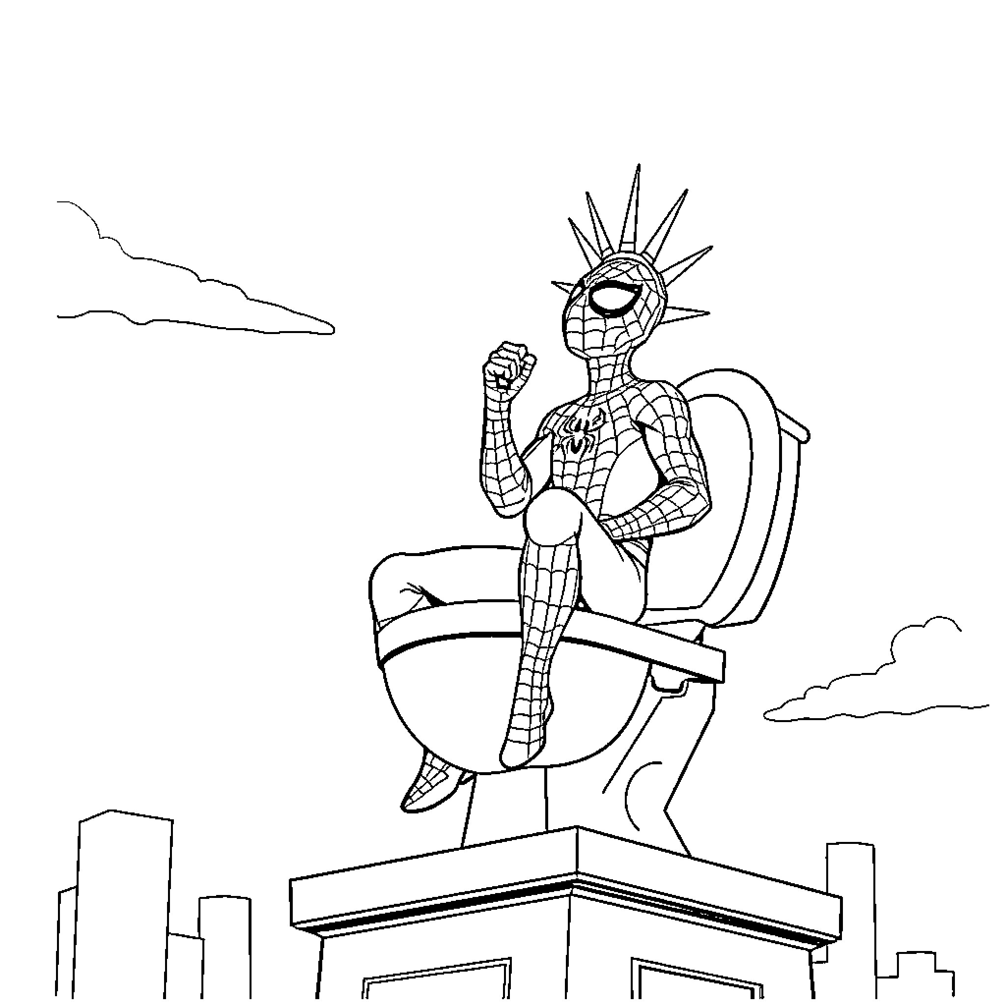 Spider-Man standing confidently atop a building Coloring Page (free black-and-white line drawing printable PDF for all, from beginners to advanced learners, including children, teens, adults, and seniors)