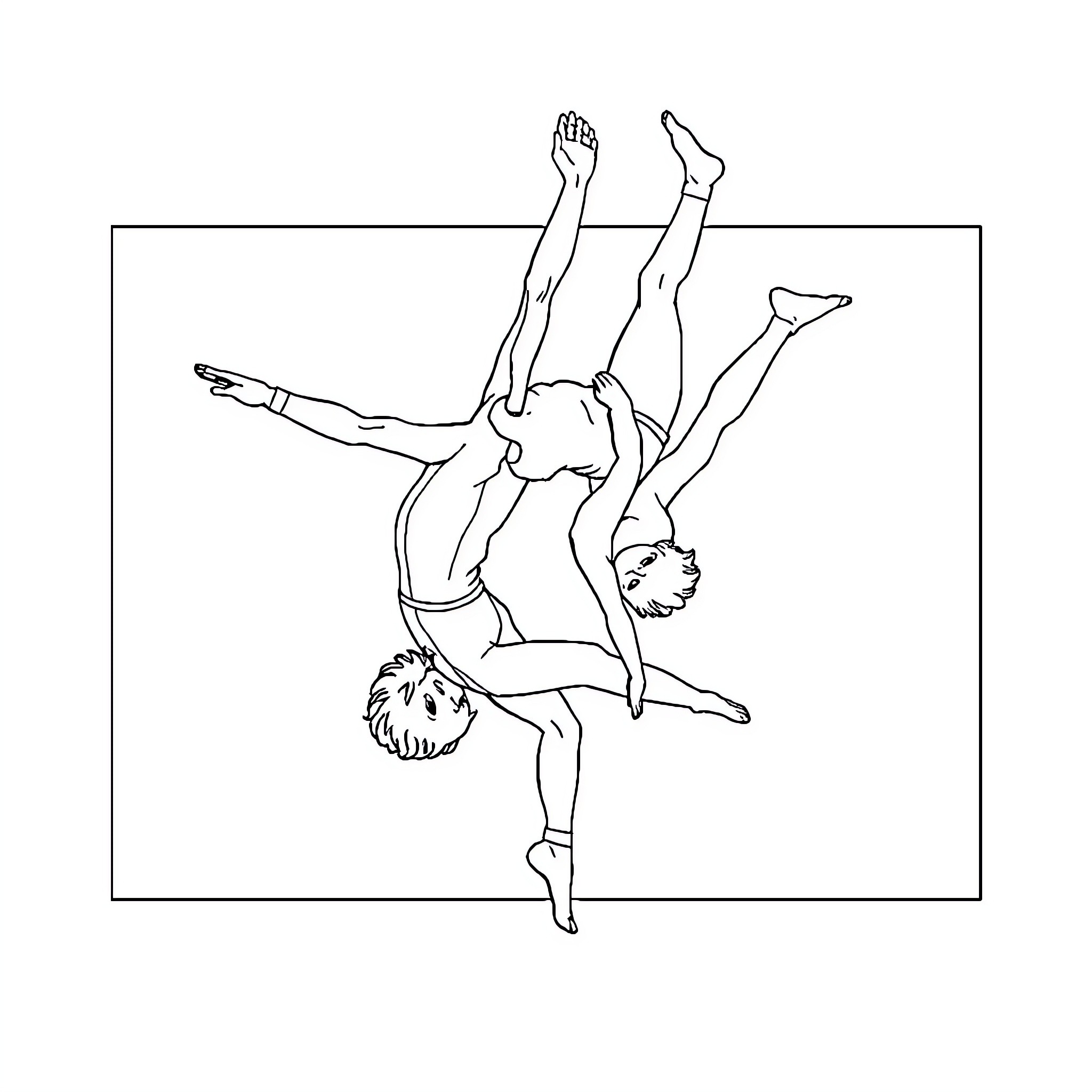 Acrobats performing daring gymnastics routine Coloring Page (free black-and-white line drawing printable PDF for all, from beginners to advanced learners, including children, teens, adults, and seniors)