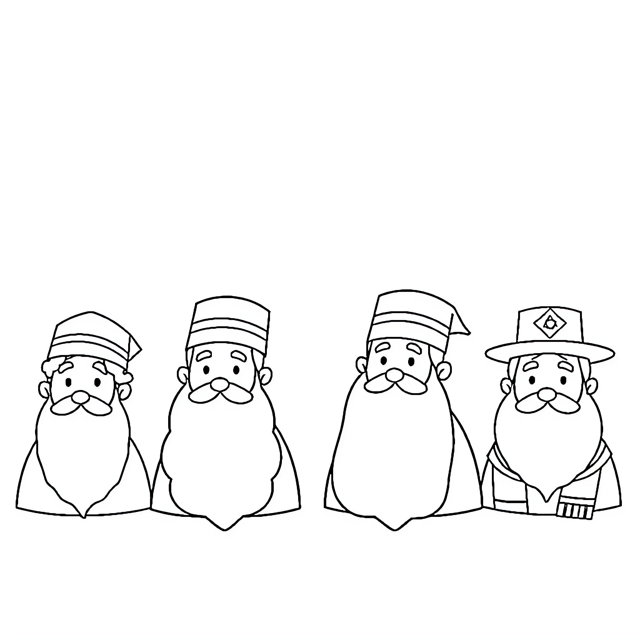 Rabbi figures in various outfits and expressions Coloring Page (free black-and-white line drawing printable PDF for all, from beginners to advanced learners, including children, teens, adults, and seniors)