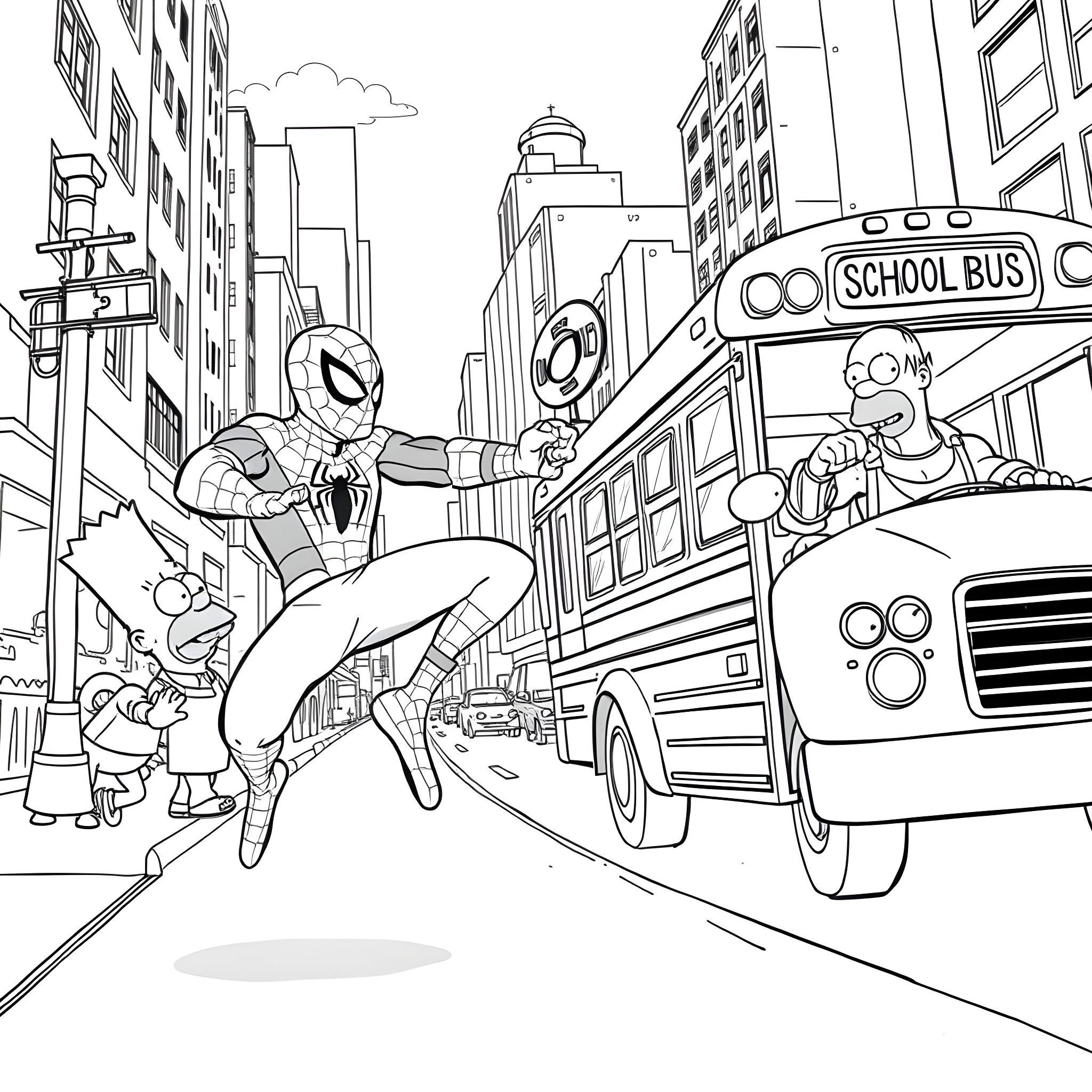 Spiderman swinging through the city with school bus Coloring Page (free black-and-white line drawing printable PDF for all, from beginners to advanced learners, including children, teens, adults, and seniors)
