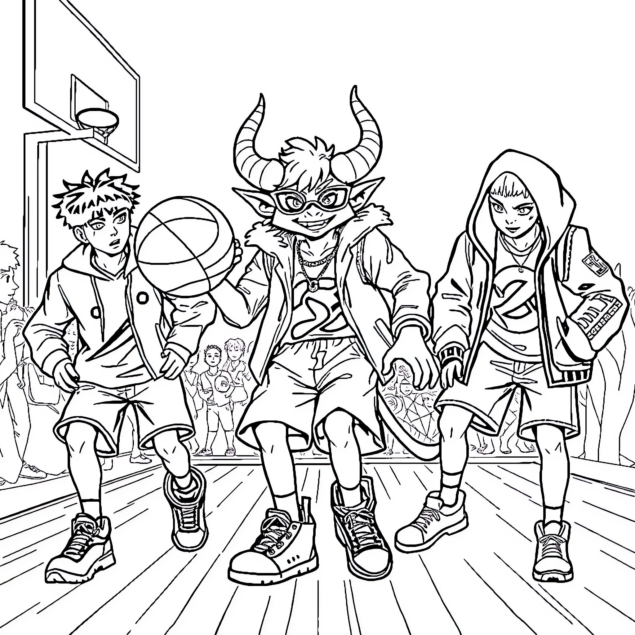 Demon Basketball Players in the Court Coloring Page (free black-and-white line drawing printable PDF for all, from beginners to advanced learners, including children, teens, adults, and seniors)