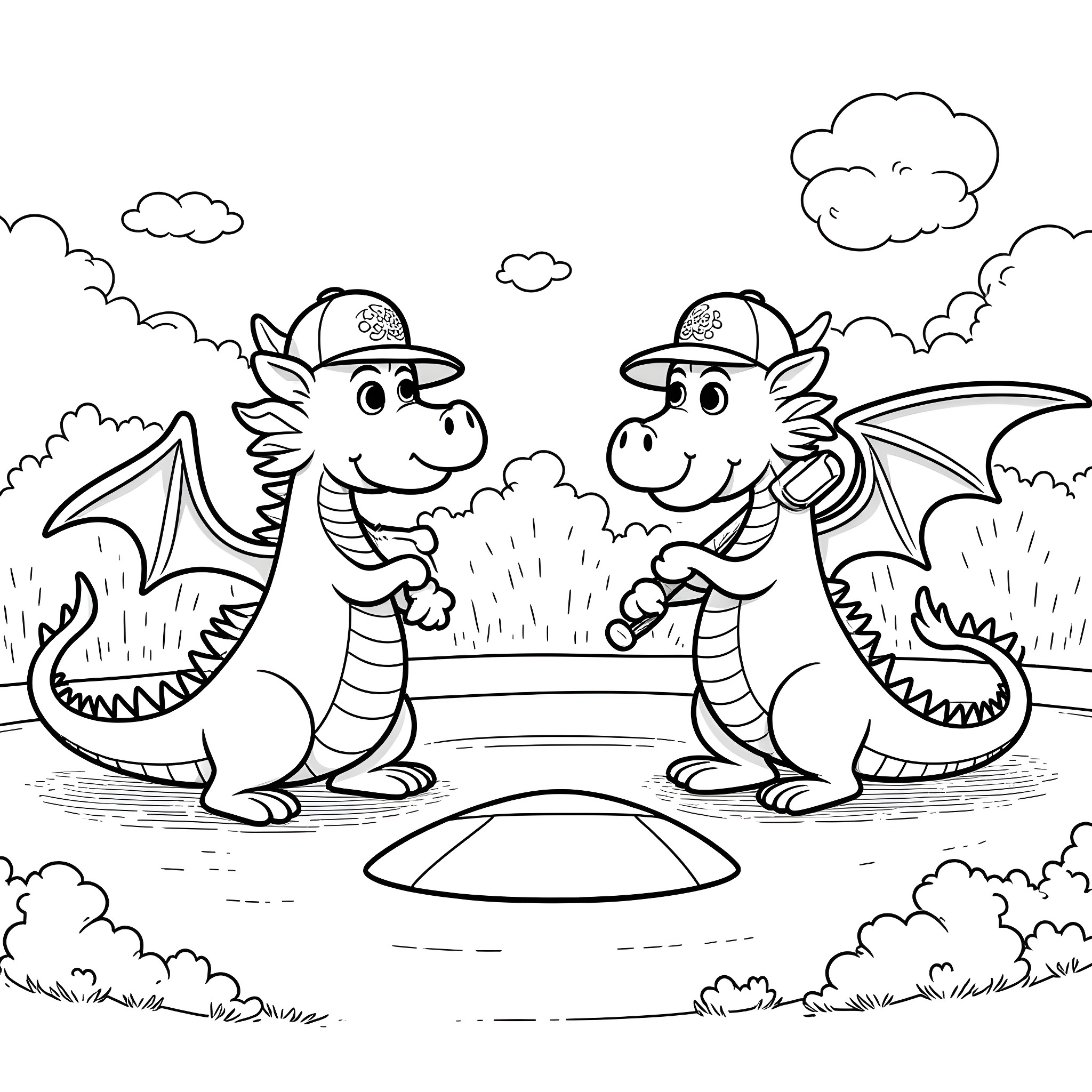 Dragon friends playing baseball in the park Coloring Page (free black-and-white line drawing printable PDF for all, from beginners to advanced learners, including children, teens, adults, and seniors)